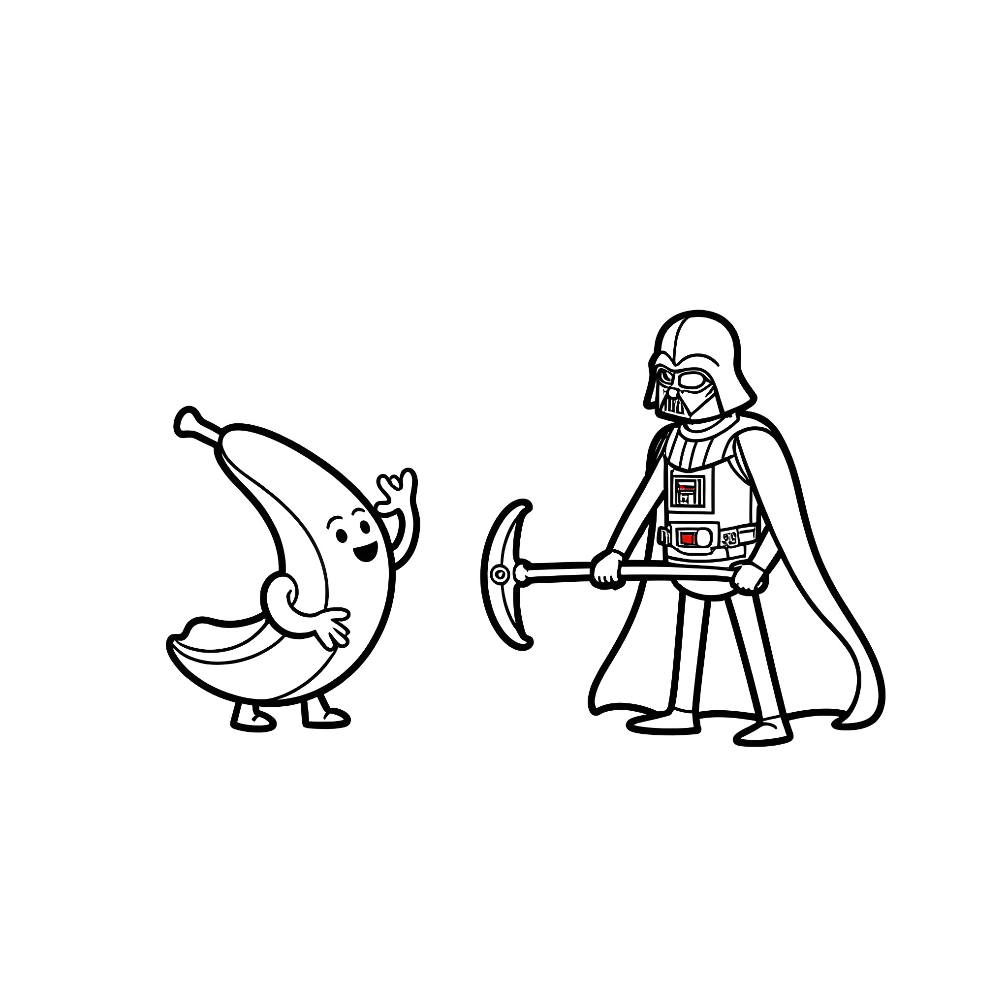 Peely's Encounter with Darth Vader Coloring Page (free black-and-white line drawing printable PDF for all, from beginners to advanced learners, including children, teens, adults, and seniors)