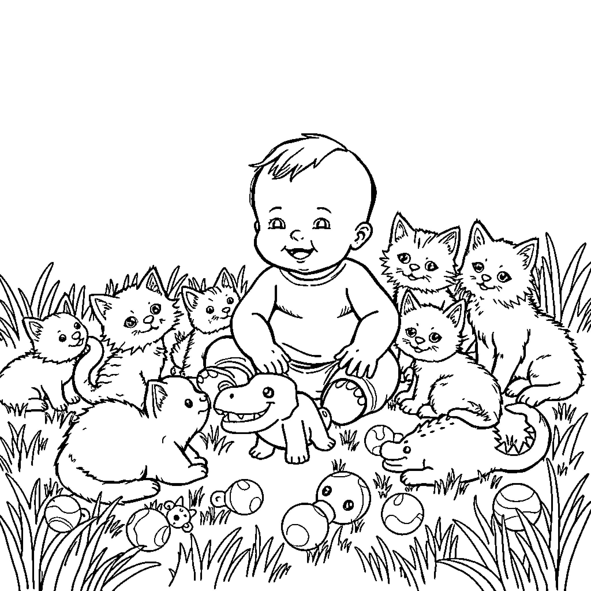 Baby playing with adorable animals in the meadow Coloring Page (free black-and-white line drawing printable PDF for all, from beginners to advanced learners, including children, teens, adults, and seniors)