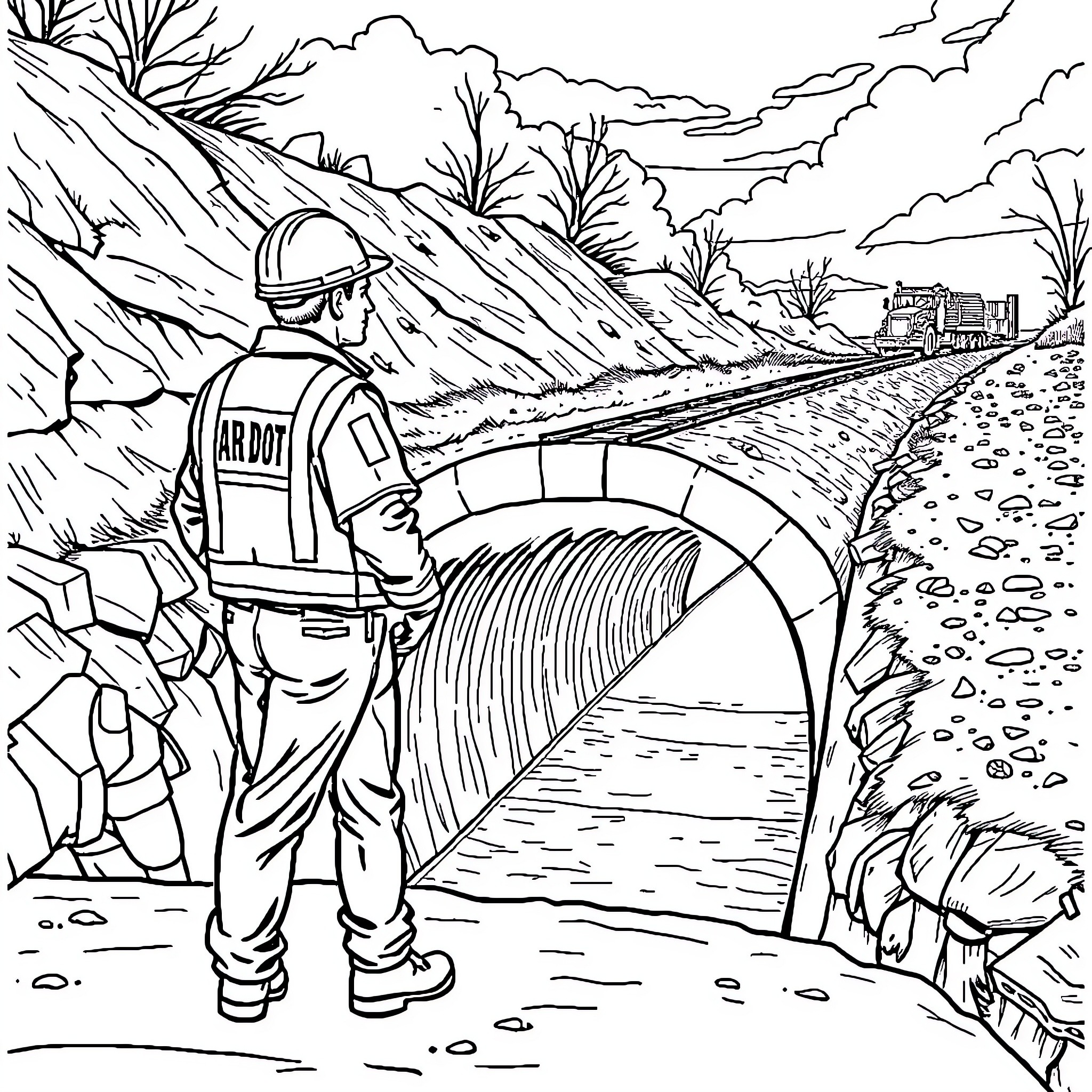 Construction Inspector Inspecting Bridge Construction Site Coloring Page (free black-and-white line drawing printable PDF for all, from beginners to advanced learners, including children, teens, adults, and seniors)