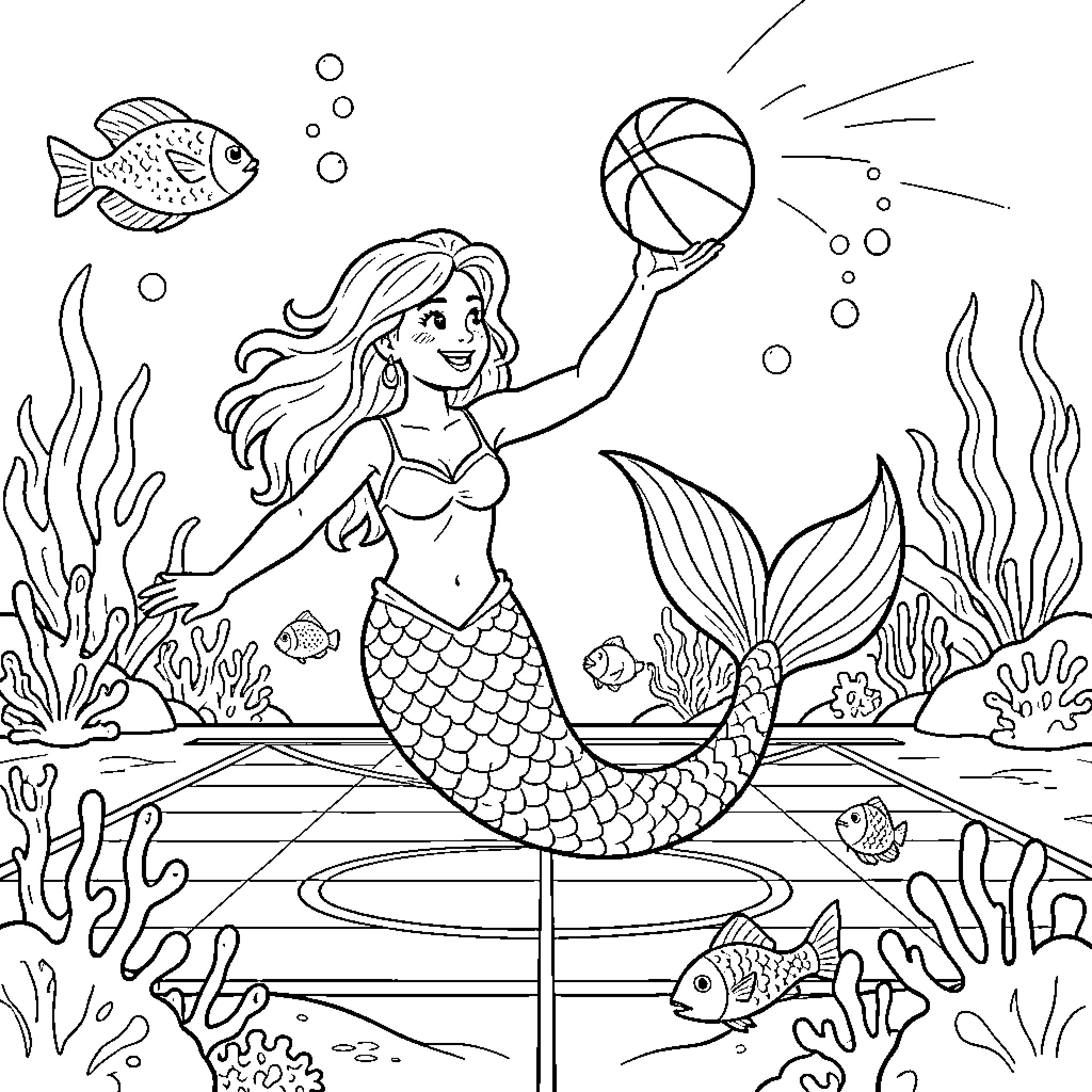 Mermaid balancing a basketball while swimming underwater Coloring Page (free black-and-white line drawing printable PDF for all, from beginners to advanced learners, including children, teens, adults, and seniors)