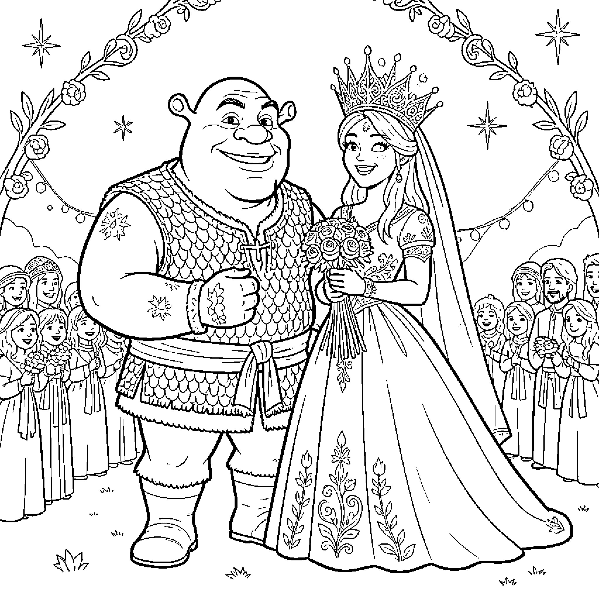 Shrek and Princess Fiona smiling at their wedding Coloring Page (free black-and-white line drawing printable PDF for all, from beginners to advanced learners, including children, teens, adults, and seniors)