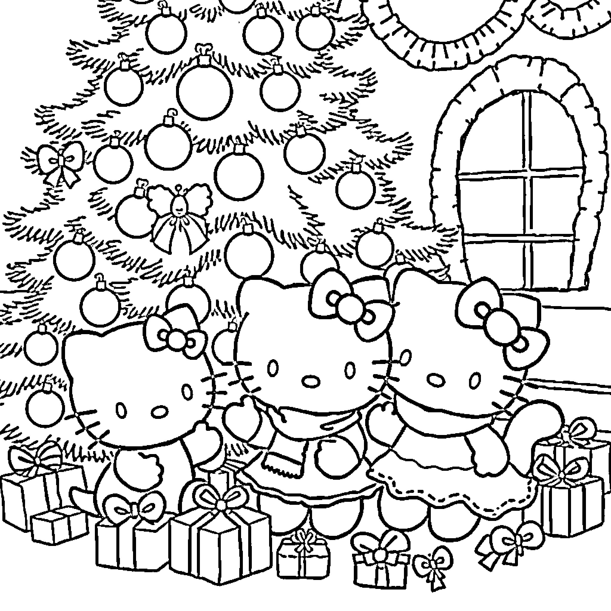 Hello Kitty Celebrating Christmas with Friends Coloring Page (free black-and-white line drawing printable PDF for all, from beginners to advanced learners, including children, teens, adults, and seniors)