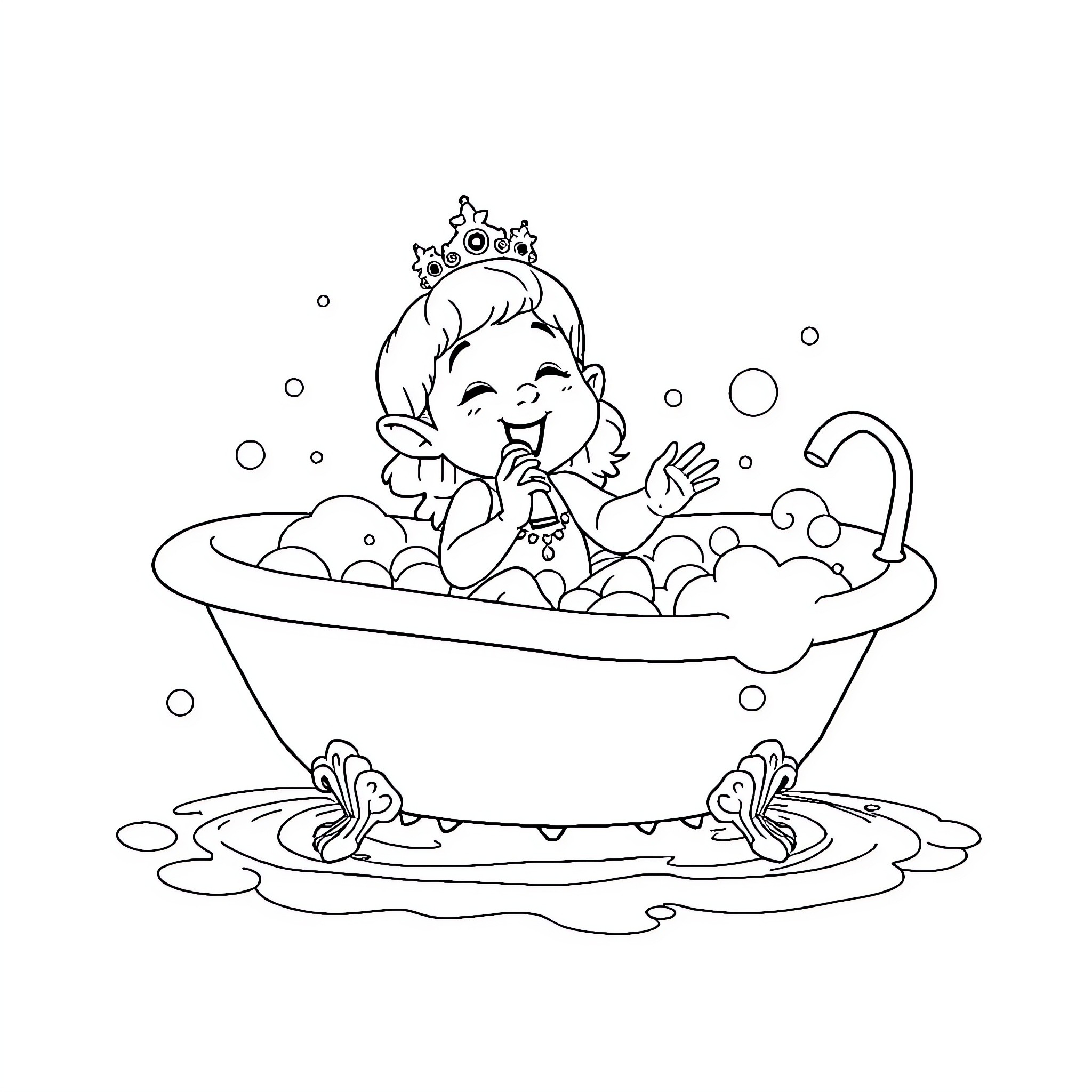 Dwarf Princess Enjoying a Relaxing Bubble Bath Coloring Page (free black-and-white line drawing printable PDF for all, from beginners to advanced learners, including children, teens, adults, and seniors)