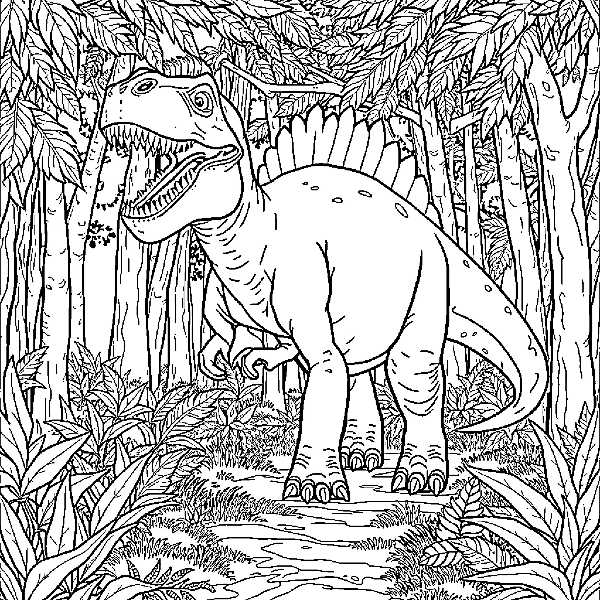 Dinosaur exploring the lush jungle foliage Coloring Page (free black-and-white line drawing printable PDF for all, from beginners to advanced learners, including children, teens, adults, and seniors)