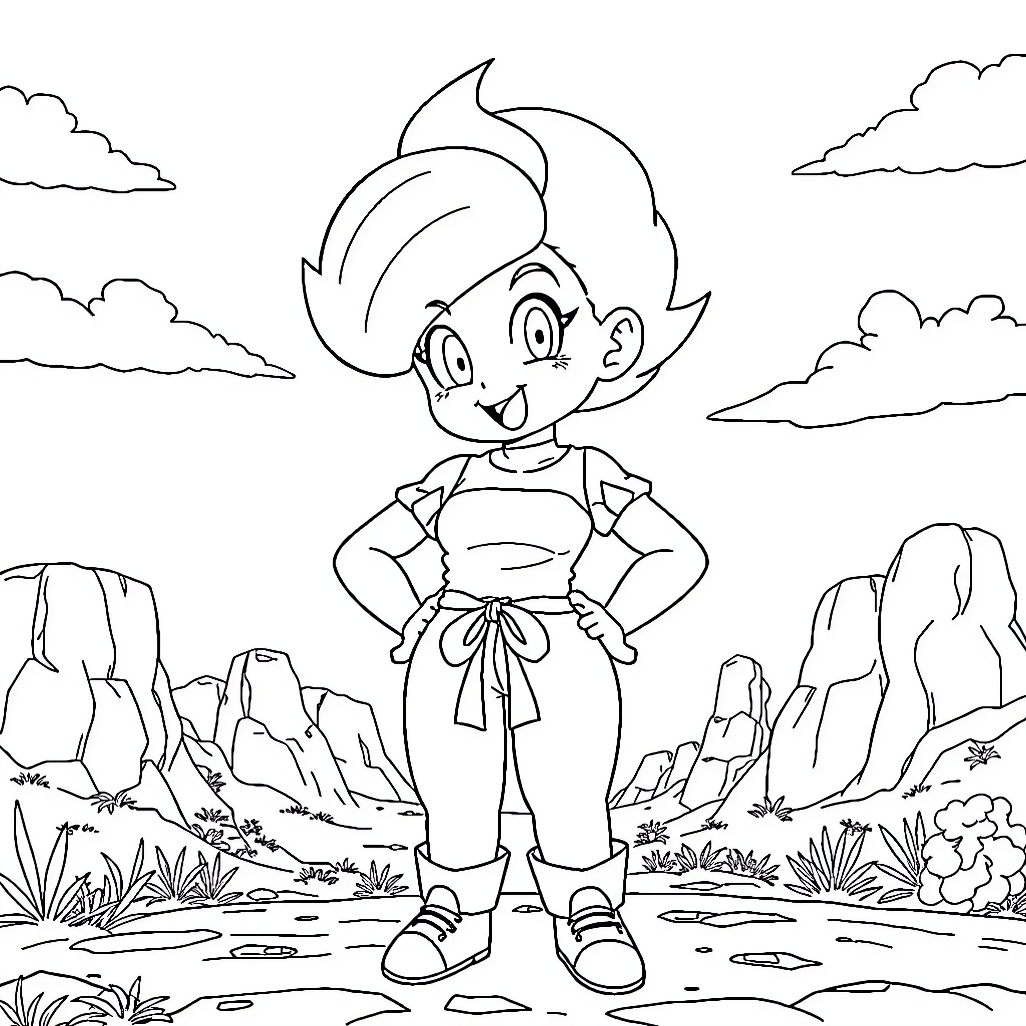Bulma exploring the outdoors with a cheerful expression Coloring Page (free black-and-white line drawing printable PDF for all, from beginners to advanced learners, including children, teens, adults, and seniors)