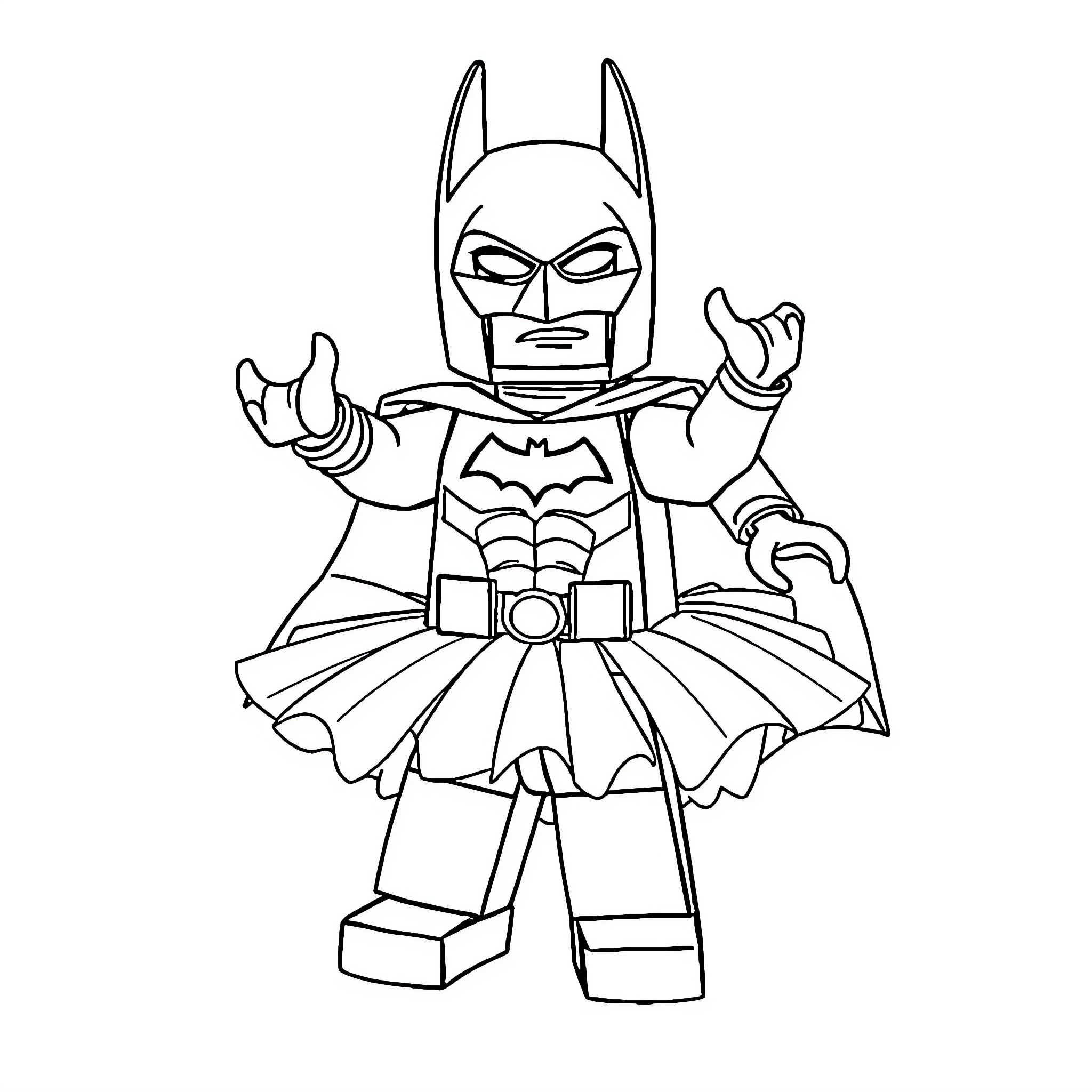 Lego Batman in Heroic Pose Coloring Page (free black-and-white line drawing printable PDF for all, from beginners to advanced learners, including children, teens, adults, and seniors)