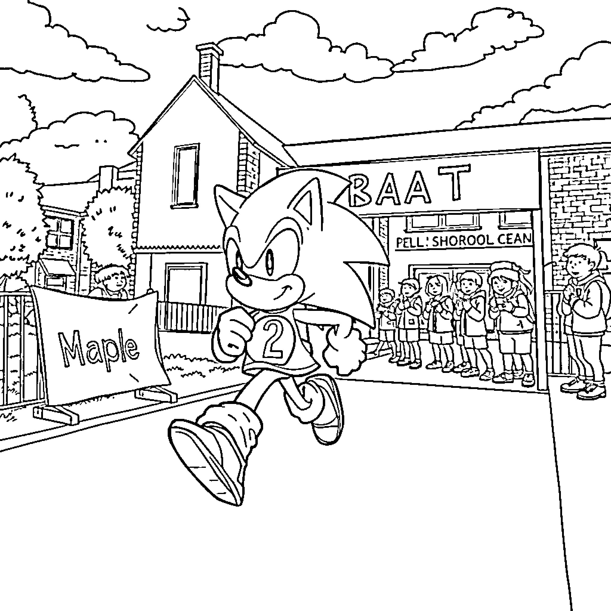 Sonic exploring the local town Coloring Page (free black-and-white line drawing printable PDF for all, from beginners to advanced learners, including children, teens, adults, and seniors)