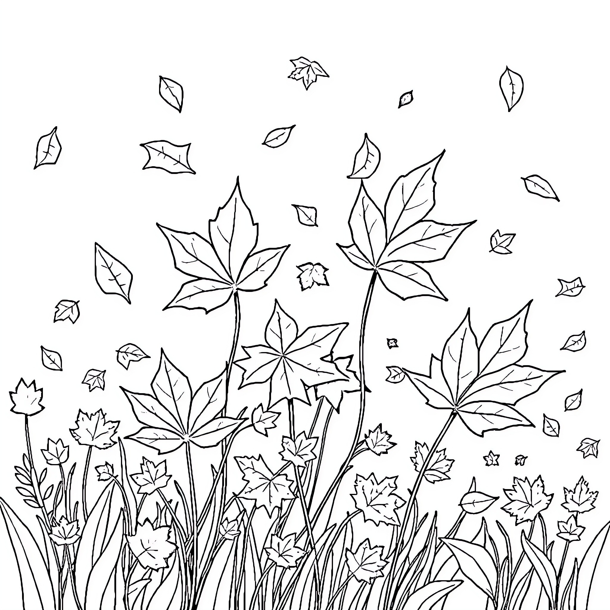 Fall Leaves Dancing in the Breeze Coloring Page (free black-and-white line drawing printable PDF for all, from beginners to advanced learners, including children, teens, adults, and seniors)