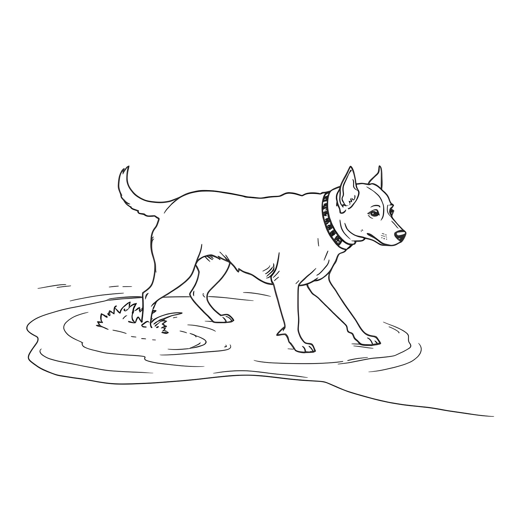 Dog exploring a puddle in the park Coloring Page (free black-and-white line drawing printable PDF for all, from beginners to advanced learners, including children, teens, adults, and seniors)