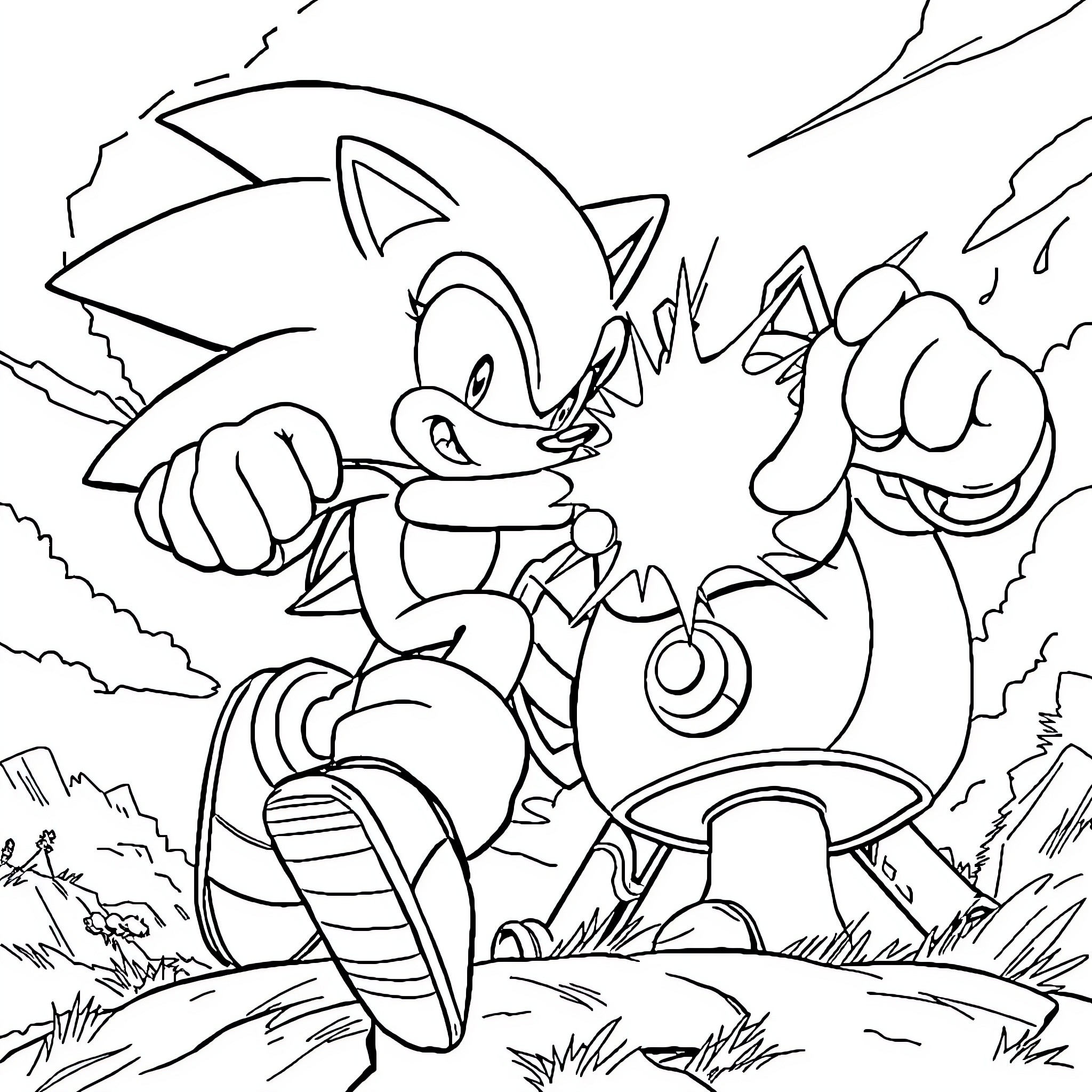 Sonic the Hedgehog in action-packed adventure Coloring Page (free black-and-white line drawing printable PDF for all, from beginners to advanced learners, including children, teens, adults, and seniors)