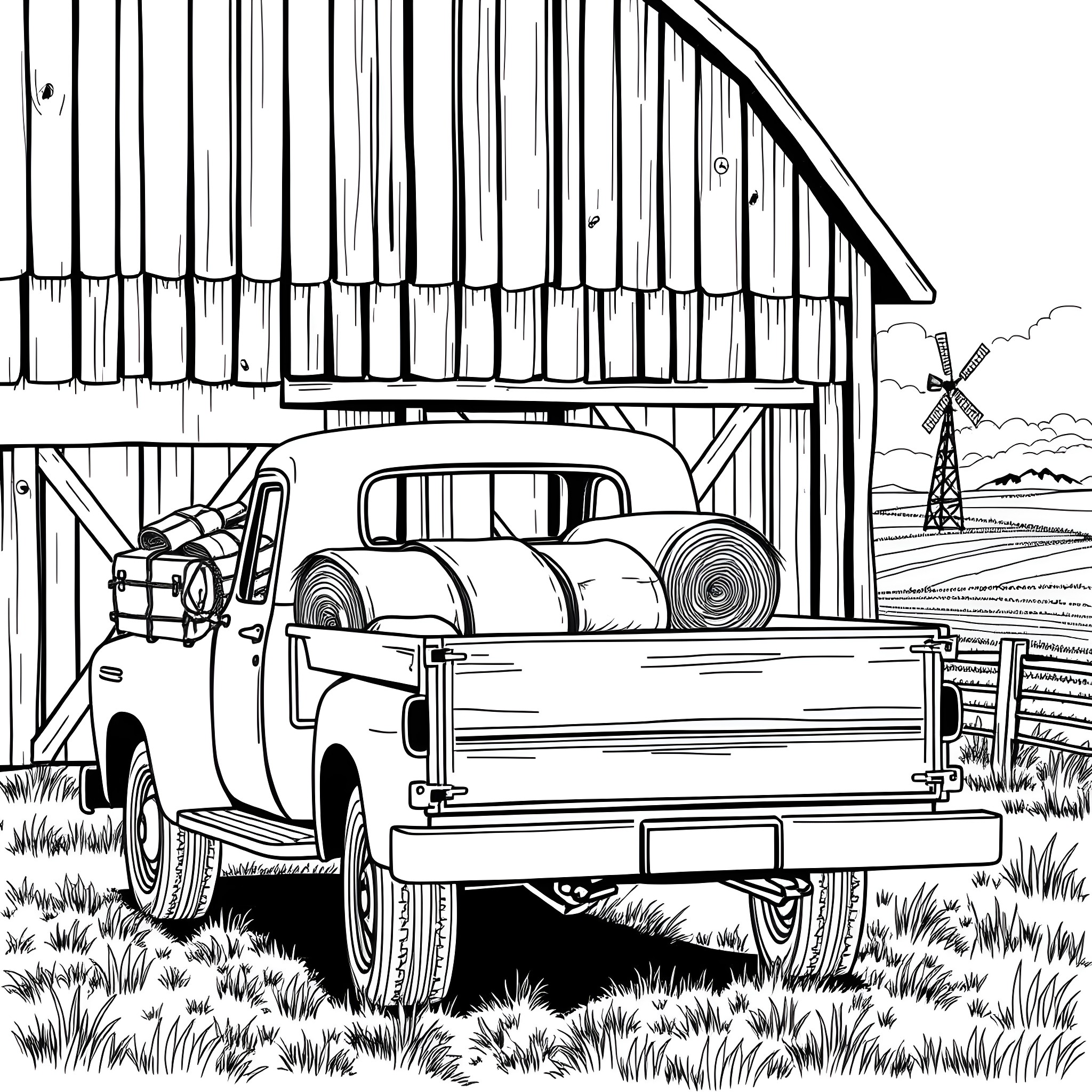Truck loaded with hay bales in rural farmland Coloring Page (free black-and-white line drawing printable PDF for all, from beginners to advanced learners, including children, teens, adults, and seniors)