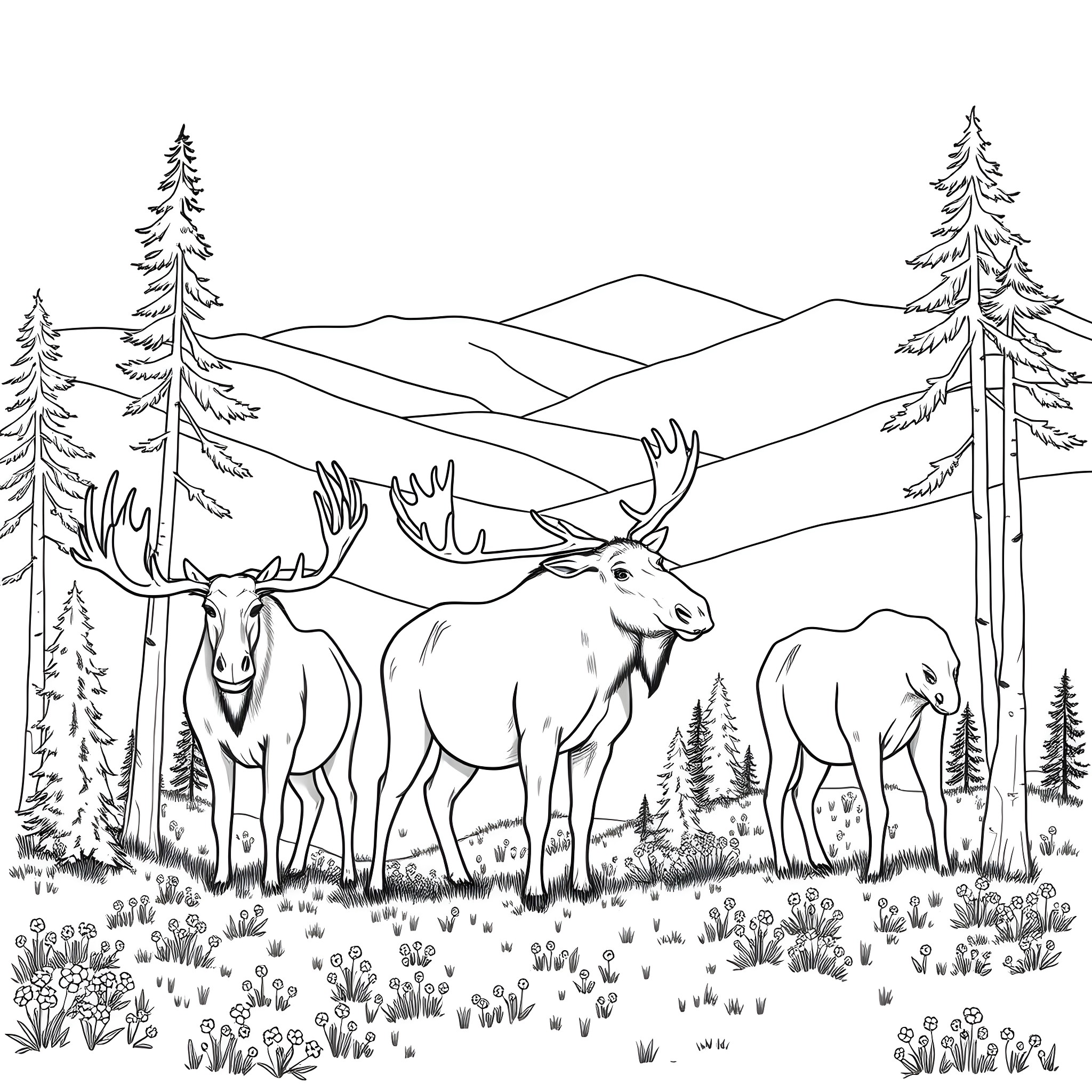 Moose herd grazing peacefully in the wilderness Coloring Page (free black-and-white line drawing printable PDF for all, from beginners to advanced learners, including children, teens, adults, and seniors)
