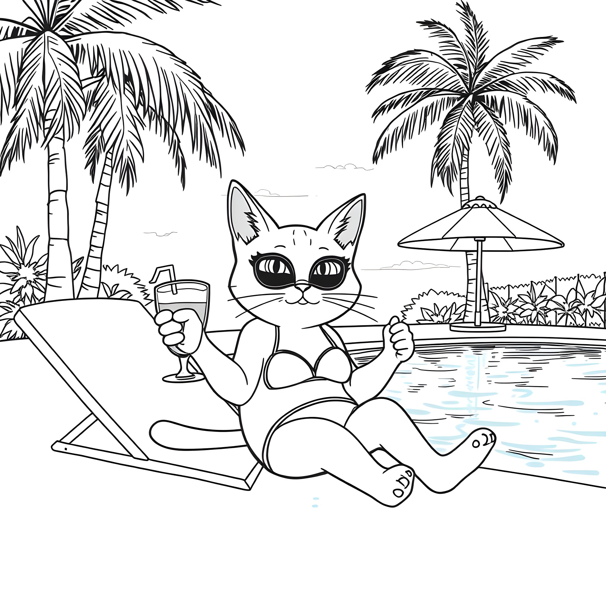 Cat relaxing by the pool with a tropical drink Coloring Page (free black-and-white line drawing printable PDF for all, from beginners to advanced learners, including children, teens, adults, and seniors)
