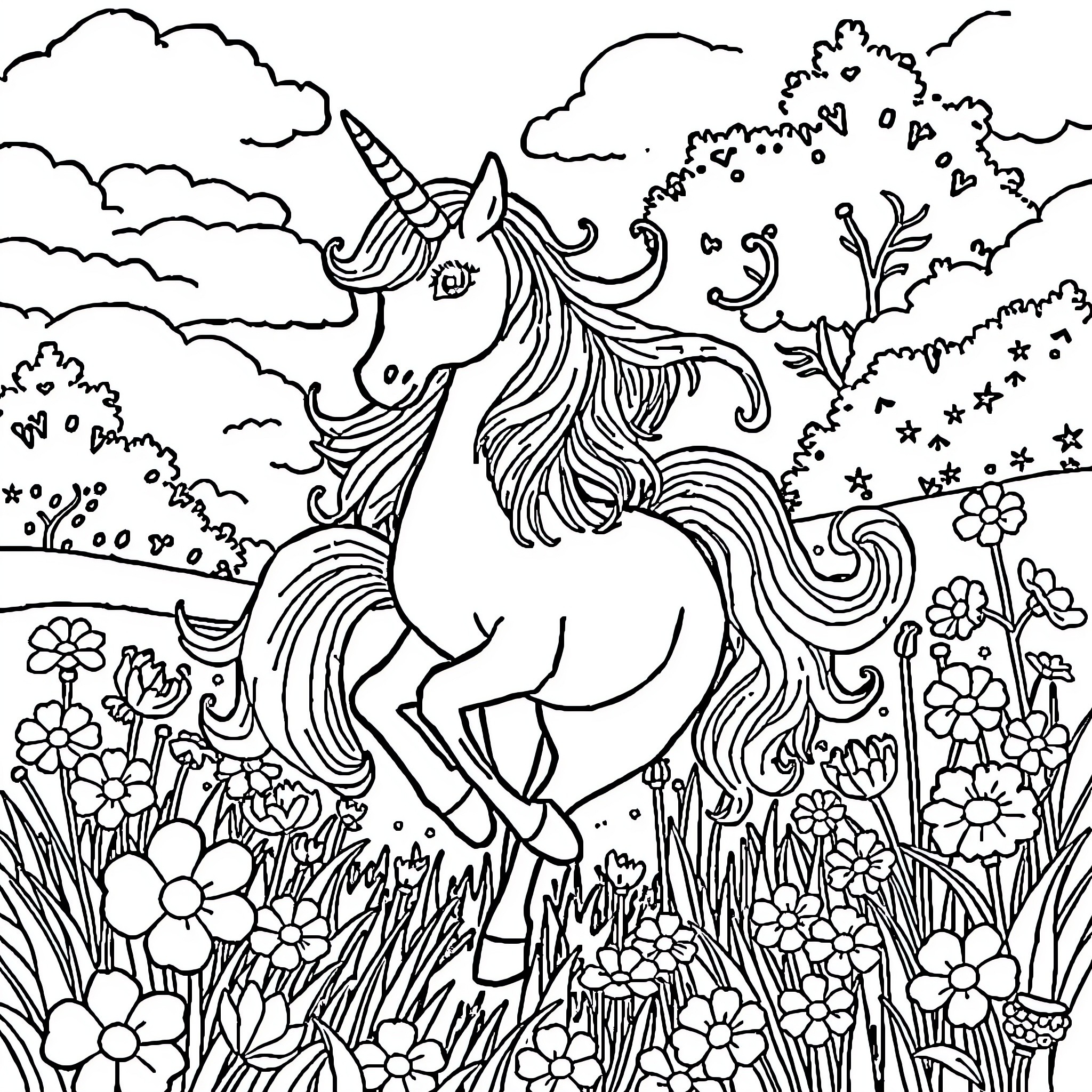Unicorn Frolicking in a Whimsical Meadow Coloring Page (free black-and-white line drawing printable PDF for all, from beginners to advanced learners, including children, teens, adults, and seniors)