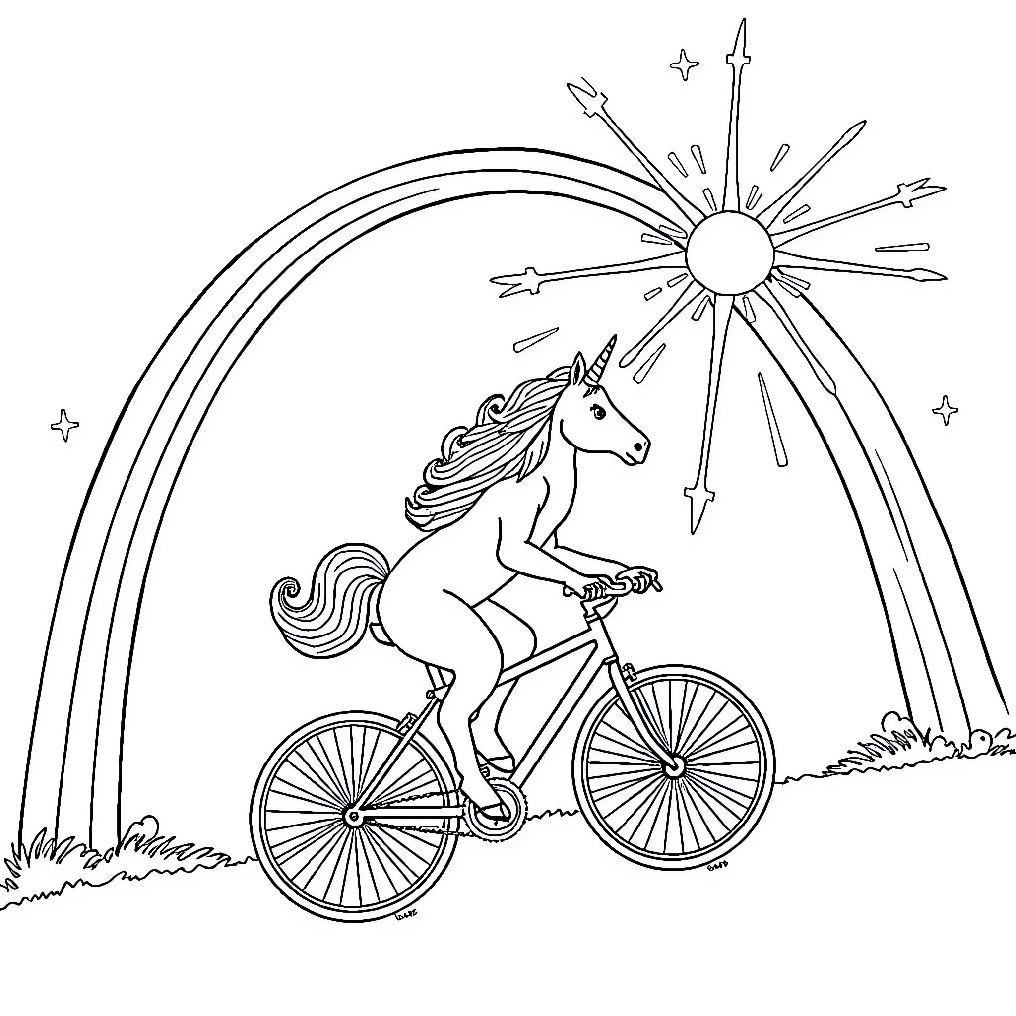 Unicorn riding a bicycle under a rainbow Coloring Page (free black-and-white line drawing printable PDF for all, from beginners to advanced learners, including children, teens, adults, and seniors)