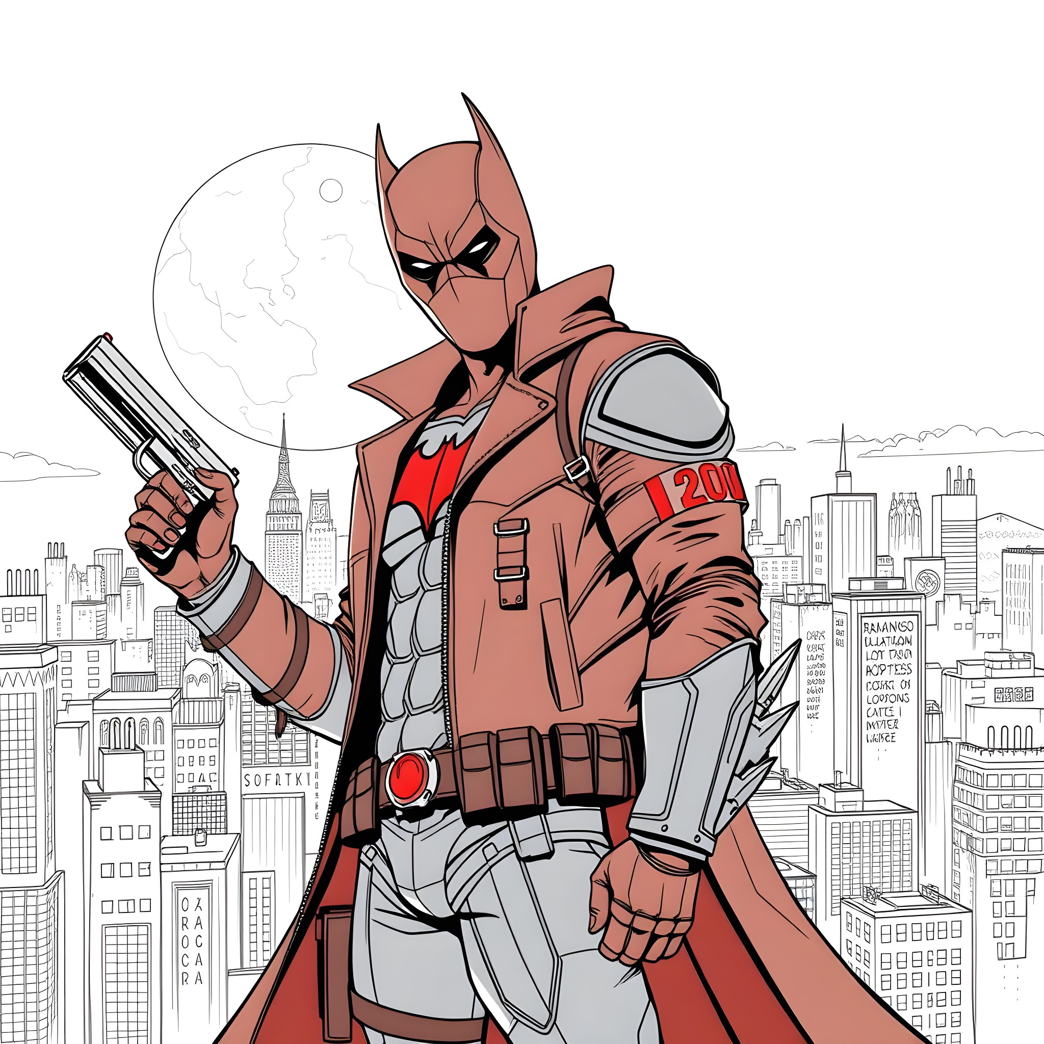 Red Hood in Action Against the City Skyline Coloring Page (free black-and-white line drawing printable PDF for all, from beginners to advanced learners, including children, teens, adults, and seniors)
