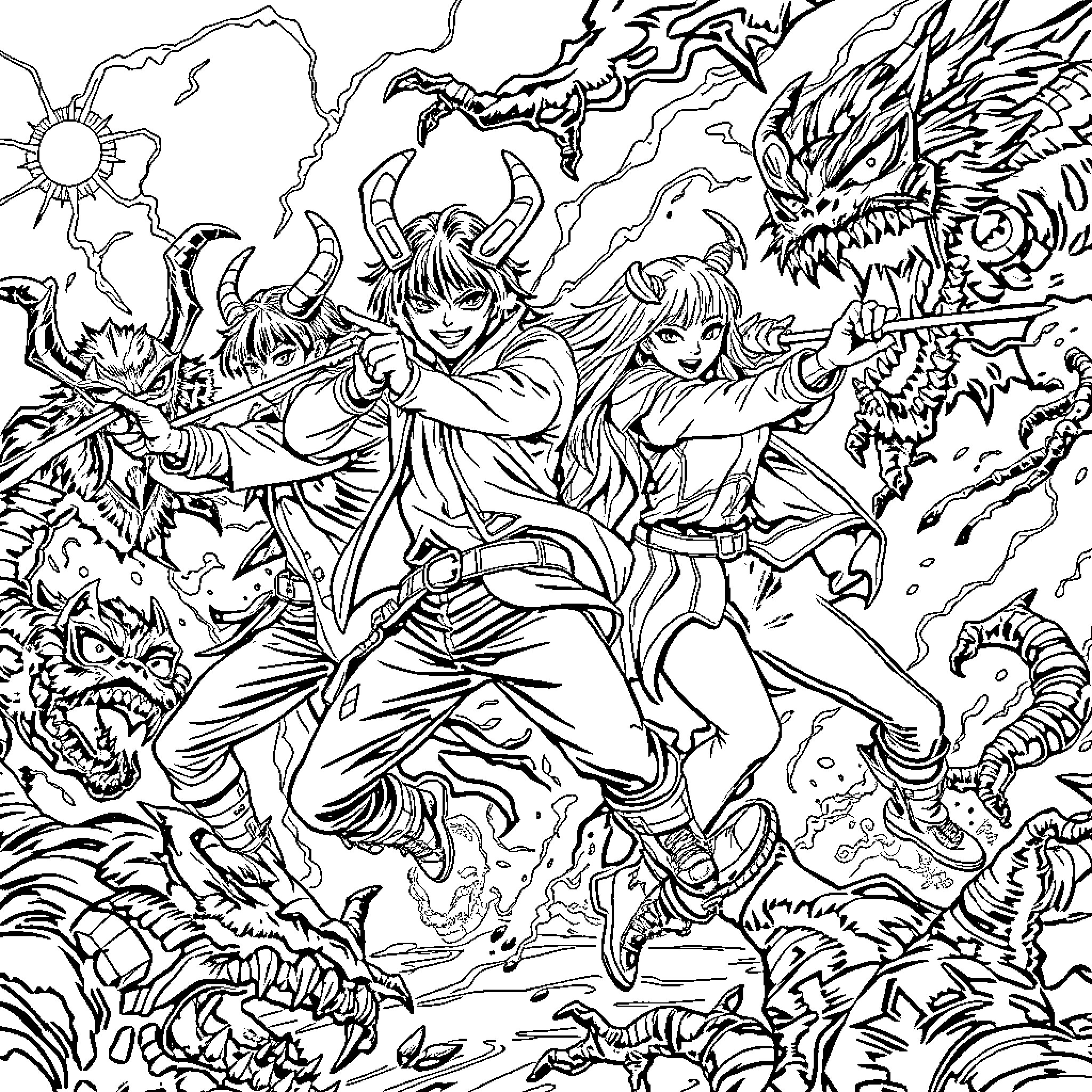 Demon Hunter Battles Fearsome Creatures in Fantastical Scene Coloring Page (free black-and-white line drawing printable PDF for all, from beginners to advanced learners, including children, teens, adults, and seniors)