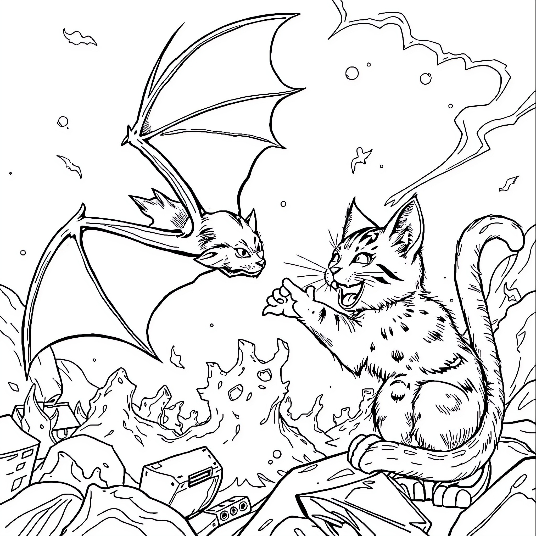 Bat and cat in fantasy landscape Coloring Page (free black-and-white line drawing printable PDF for all, from beginners to advanced learners, including children, teens, adults, and seniors)