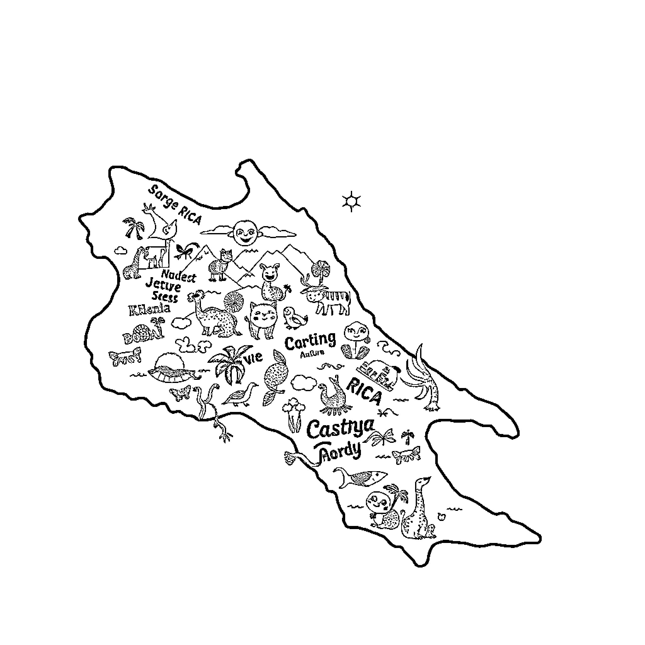 Map of playful wildlife and landmarks Coloring Page (free black-and-white line drawing printable PDF for all, from beginners to advanced learners, including children, teens, adults, and seniors)