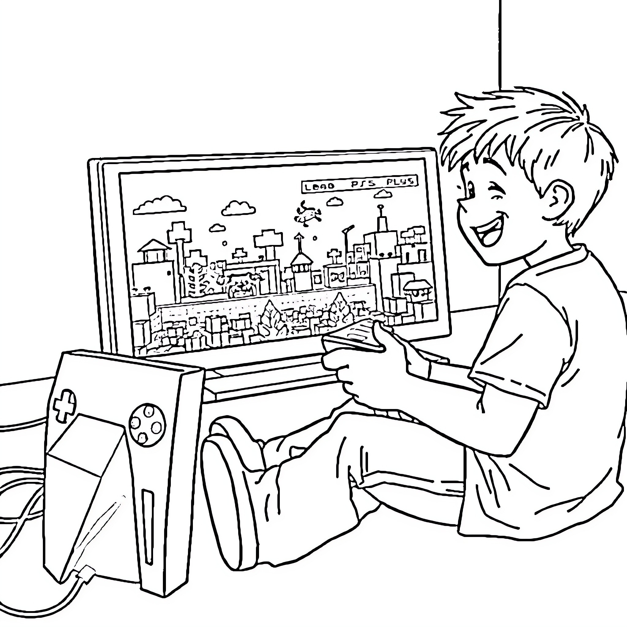 Kid enjoying video game in playroom Coloring Page (free black-and-white line drawing printable PDF for all, from beginners to advanced learners, including children, teens, adults, and seniors)