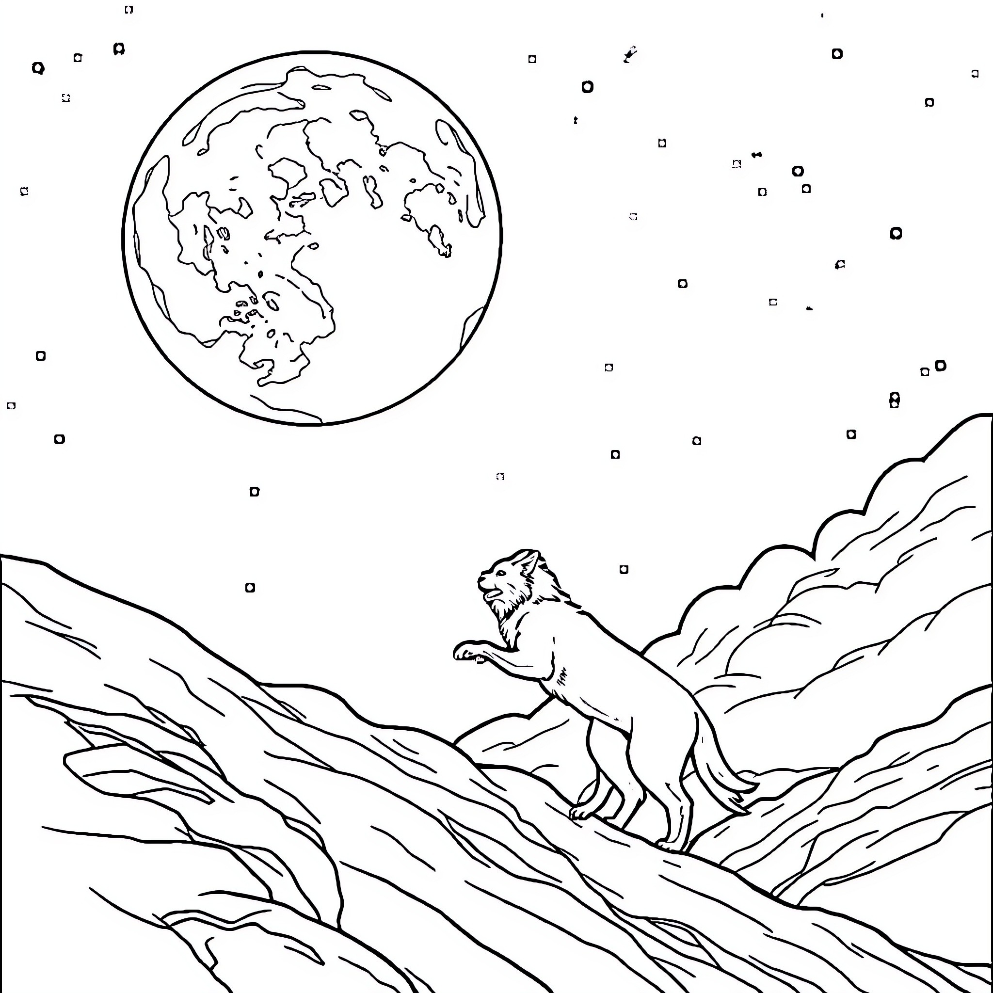 Wolf standing majestically on mountain under the moon Coloring Page (free black-and-white line drawing printable PDF for all, from beginners to advanced learners, including children, teens, adults, and seniors)