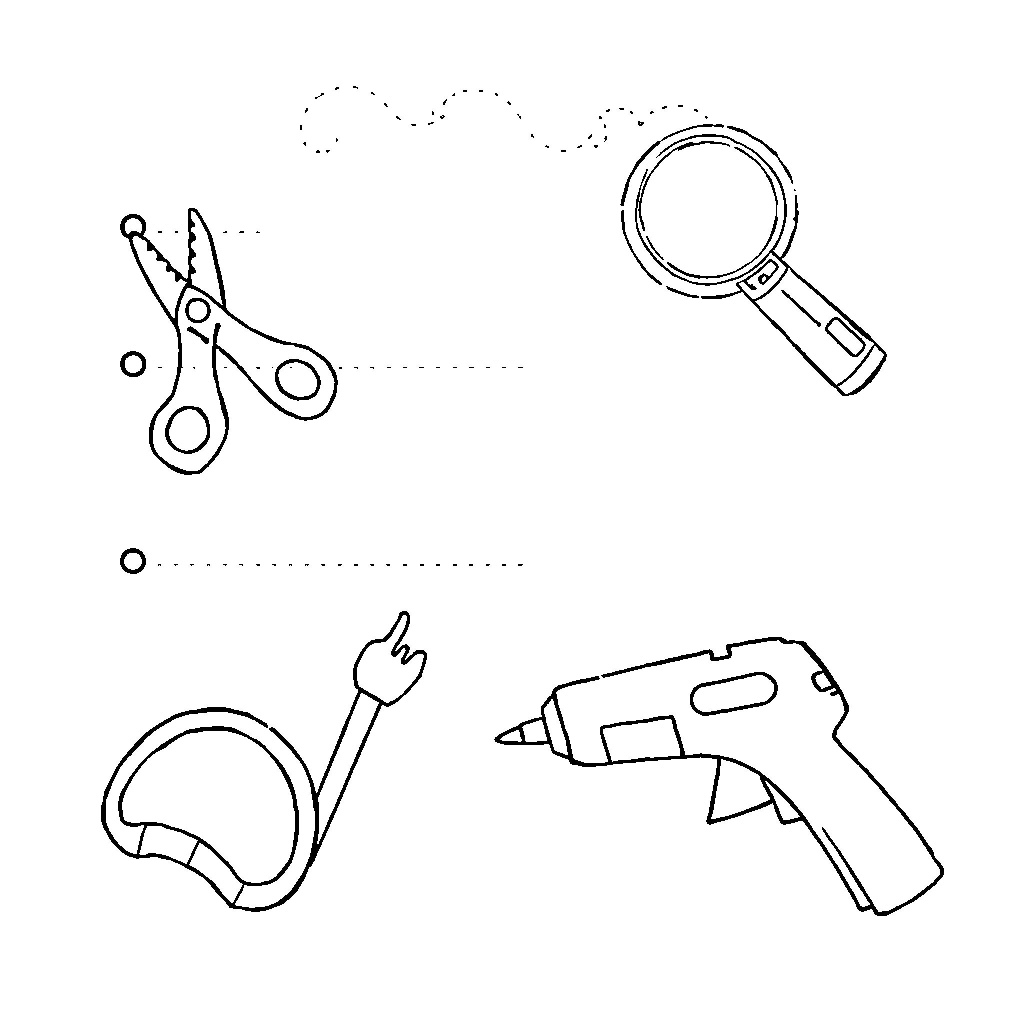 Tool items for craft and repair Coloring Page (free black-and-white line drawing printable PDF for all, from beginners to advanced learners, including children, teens, adults, and seniors)