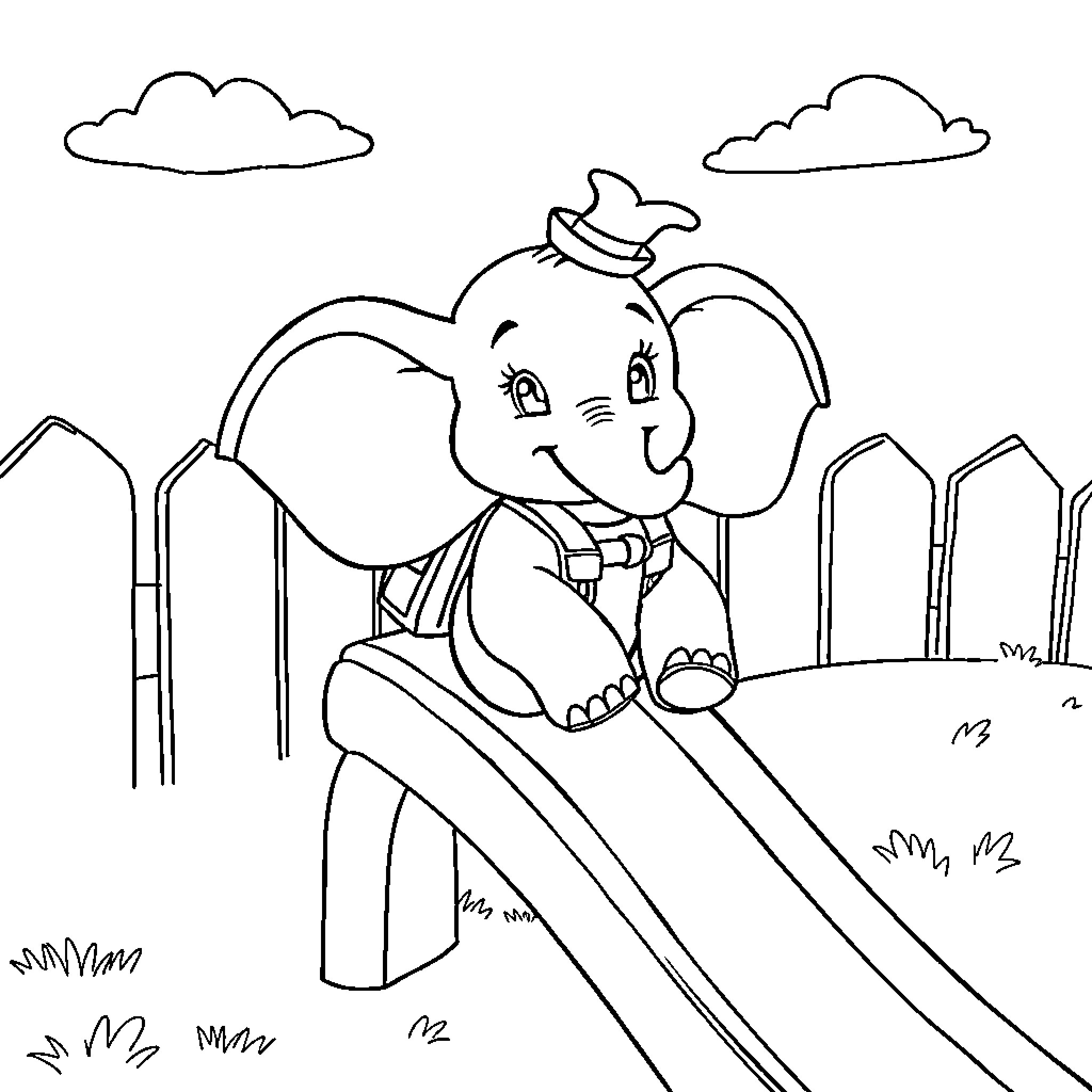 Dumbo playing happily on the slide Coloring Page (free black-and-white line drawing printable PDF for all, from beginners to advanced learners, including children, teens, adults, and seniors)