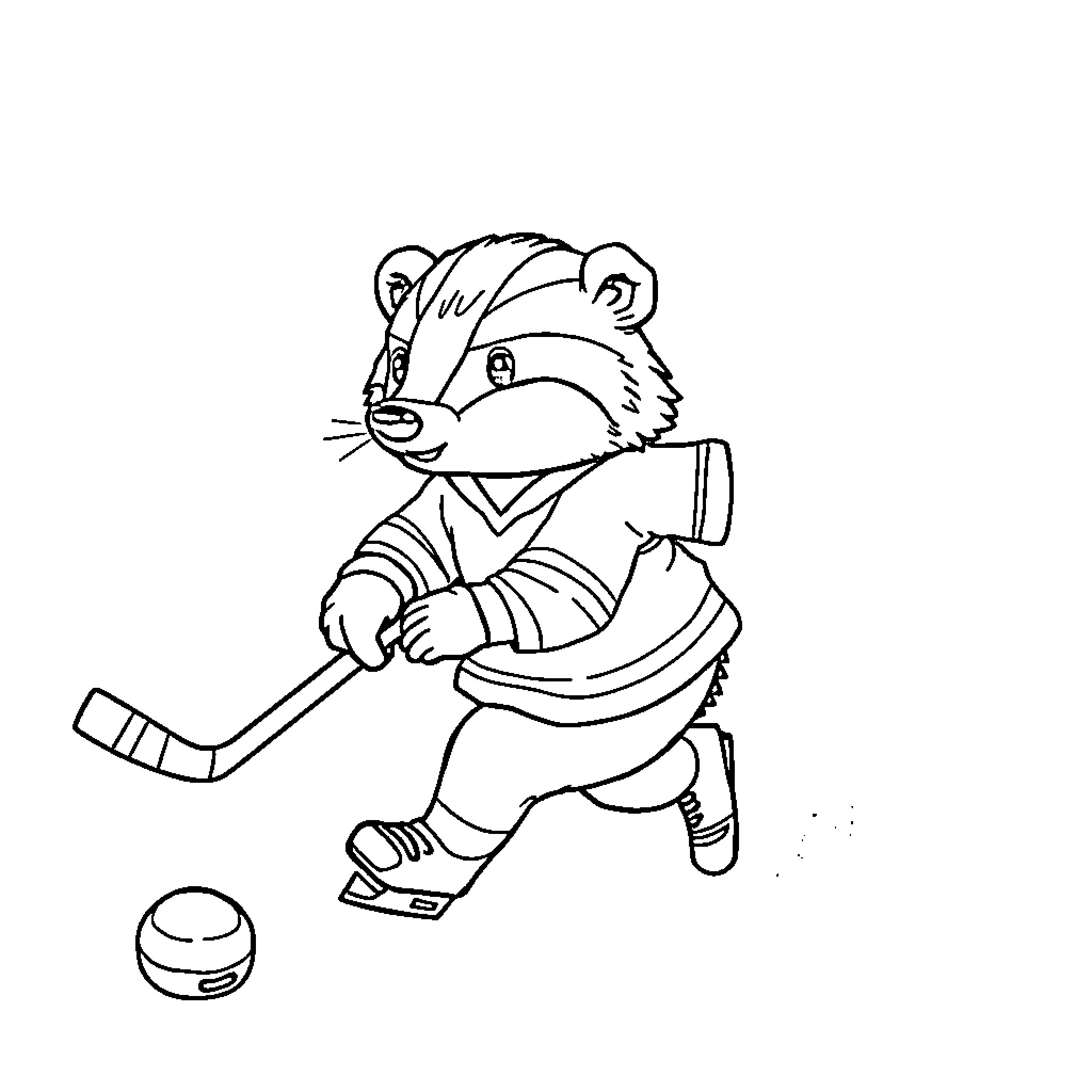 Honey Badger playing hockey with a puck Coloring Page (free black-and-white line drawing printable PDF for all, from beginners to advanced learners, including children, teens, adults, and seniors)
