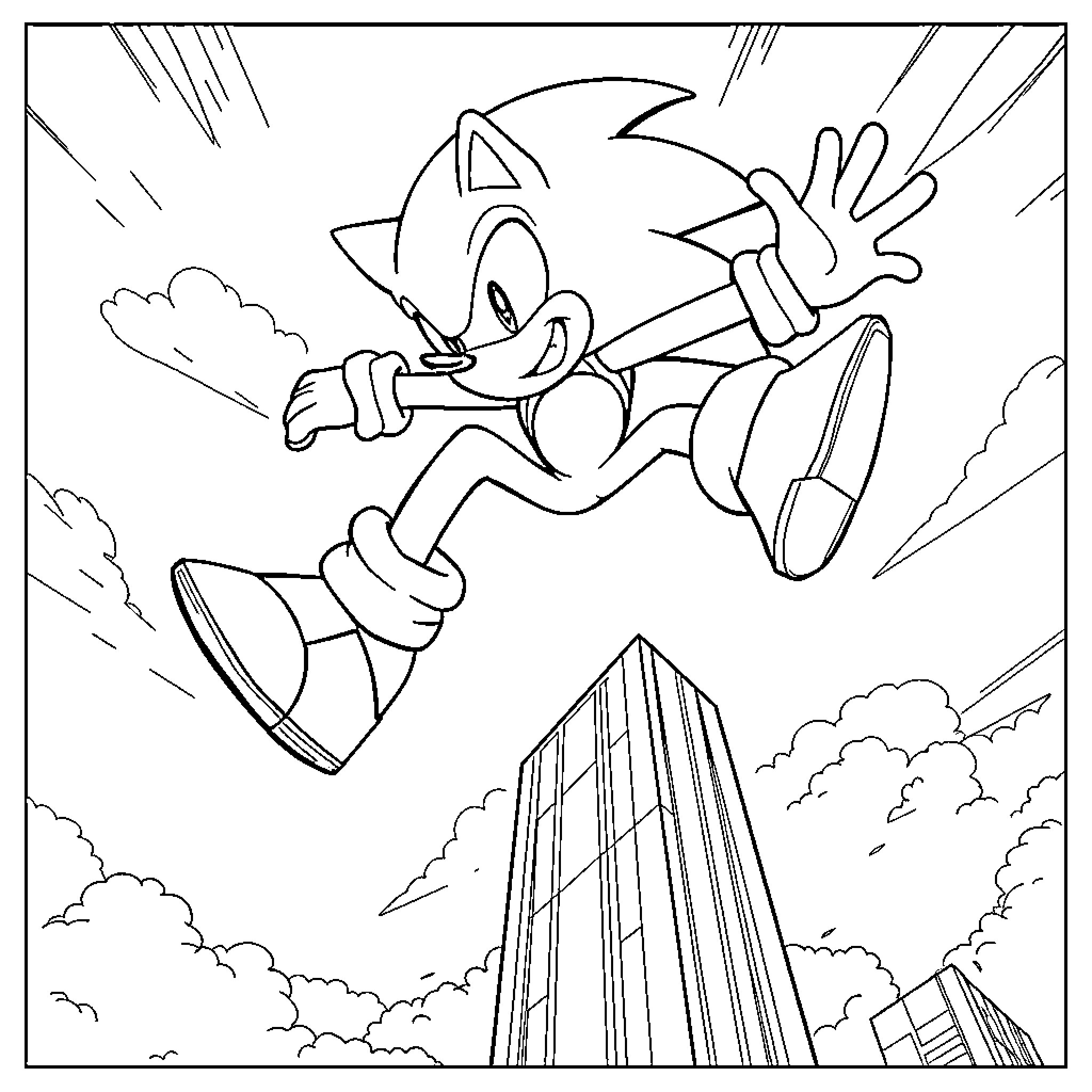 Sonic the Hedgehog running at high speed Coloring Page (free black-and-white line drawing printable PDF for all, from beginners to advanced learners, including children, teens, adults, and seniors)