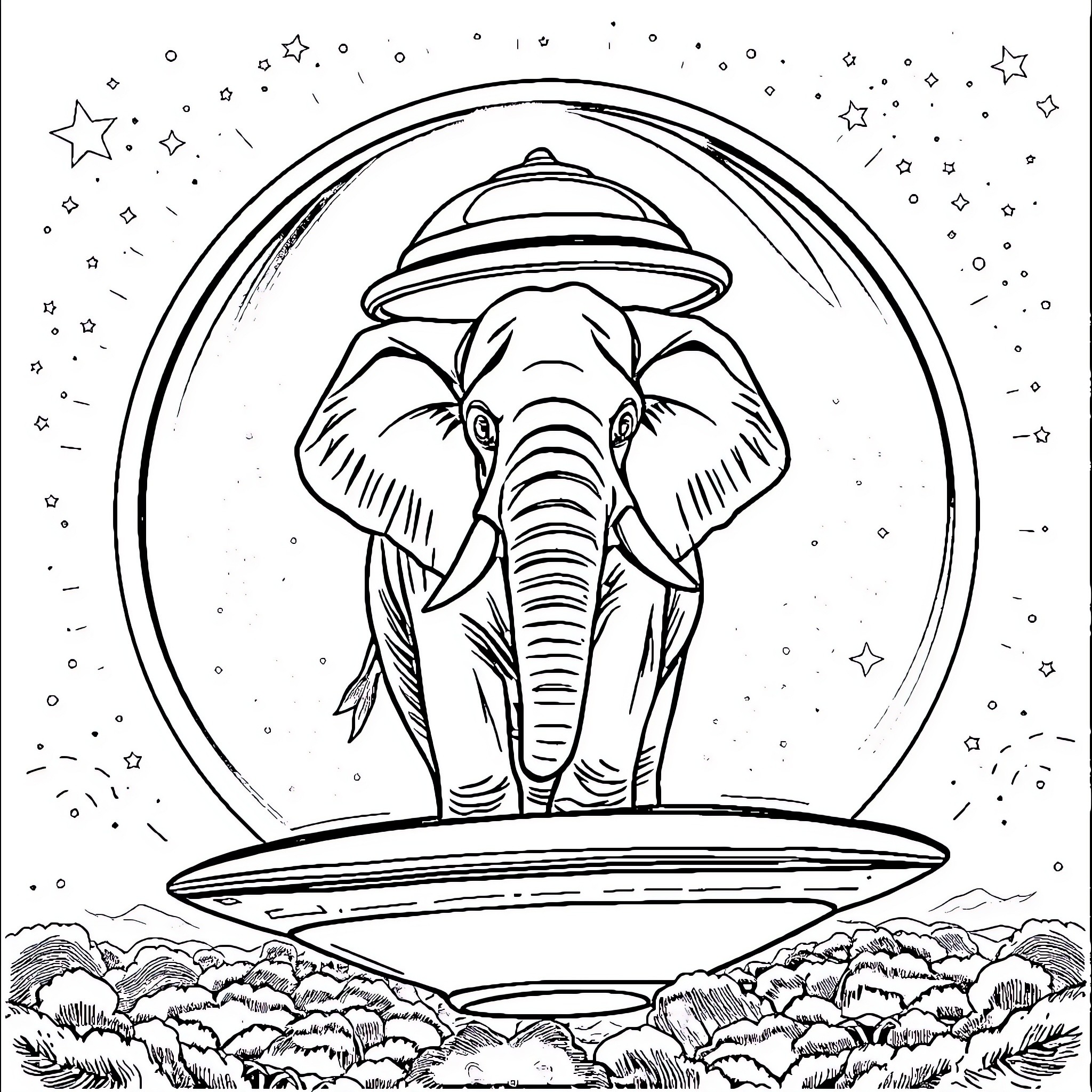 Elephant exploring the starry night sky in a UFO Coloring Page (free black-and-white line drawing printable PDF for all, from beginners to advanced learners, including children, teens, adults, and seniors)