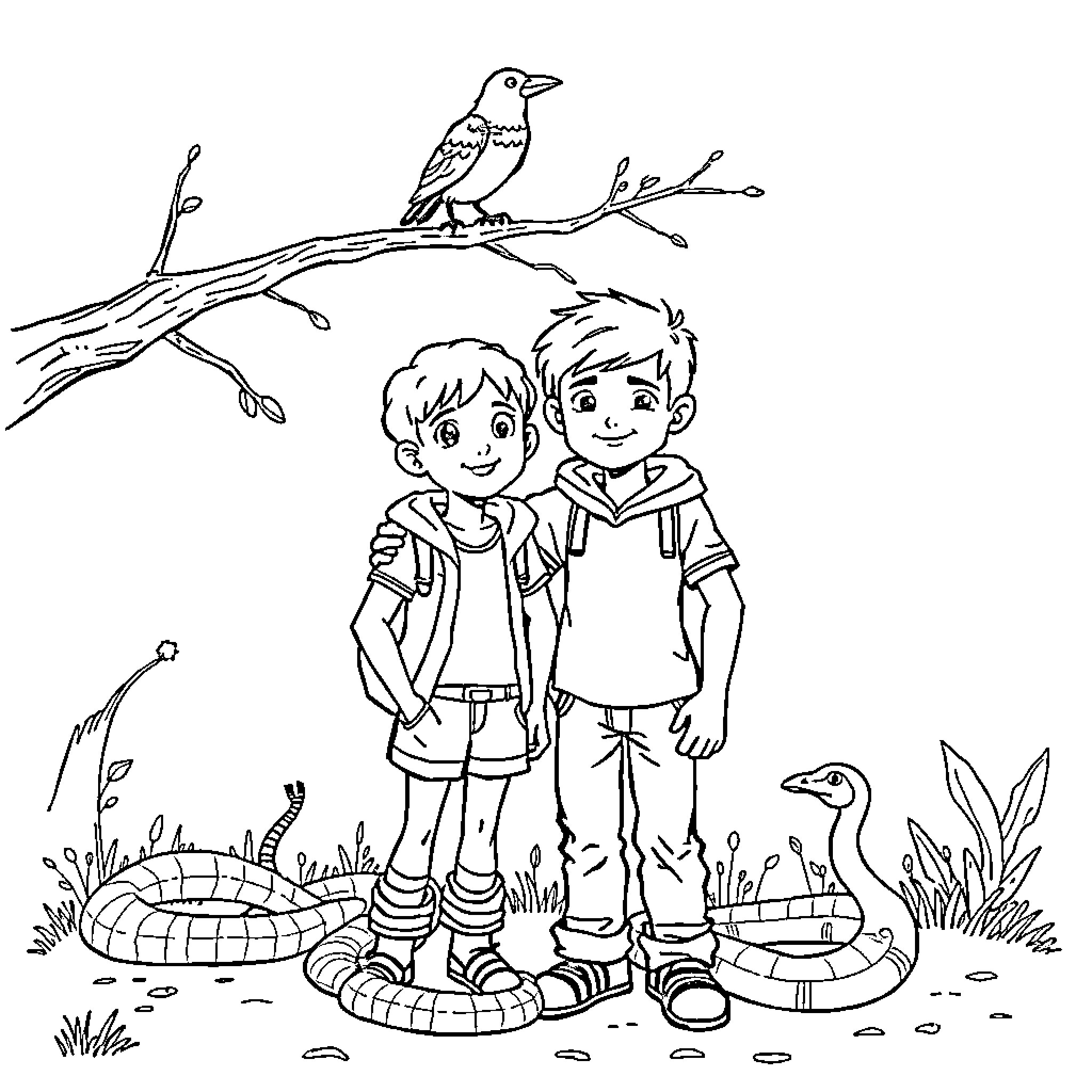 Snake Encounter with Curious Boys Coloring Page (free black-and-white line drawing printable PDF for all, from beginners to advanced learners, including children, teens, adults, and seniors)