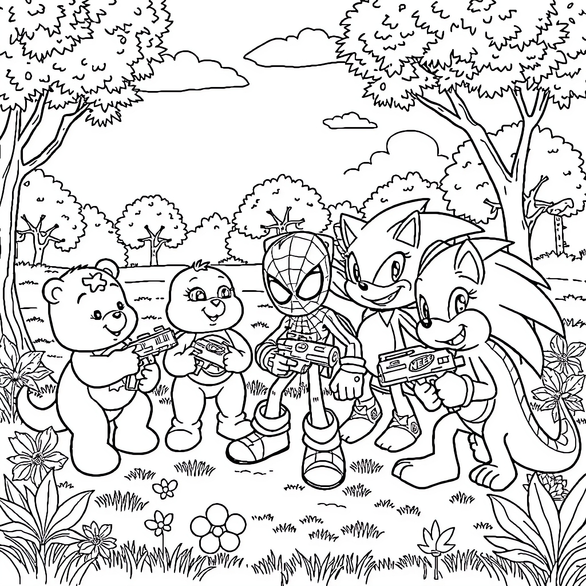 Care Bear friends enjoying a day in the park Coloring Page (free black-and-white line drawing printable PDF for all, from beginners to advanced learners, including children, teens, adults, and seniors)