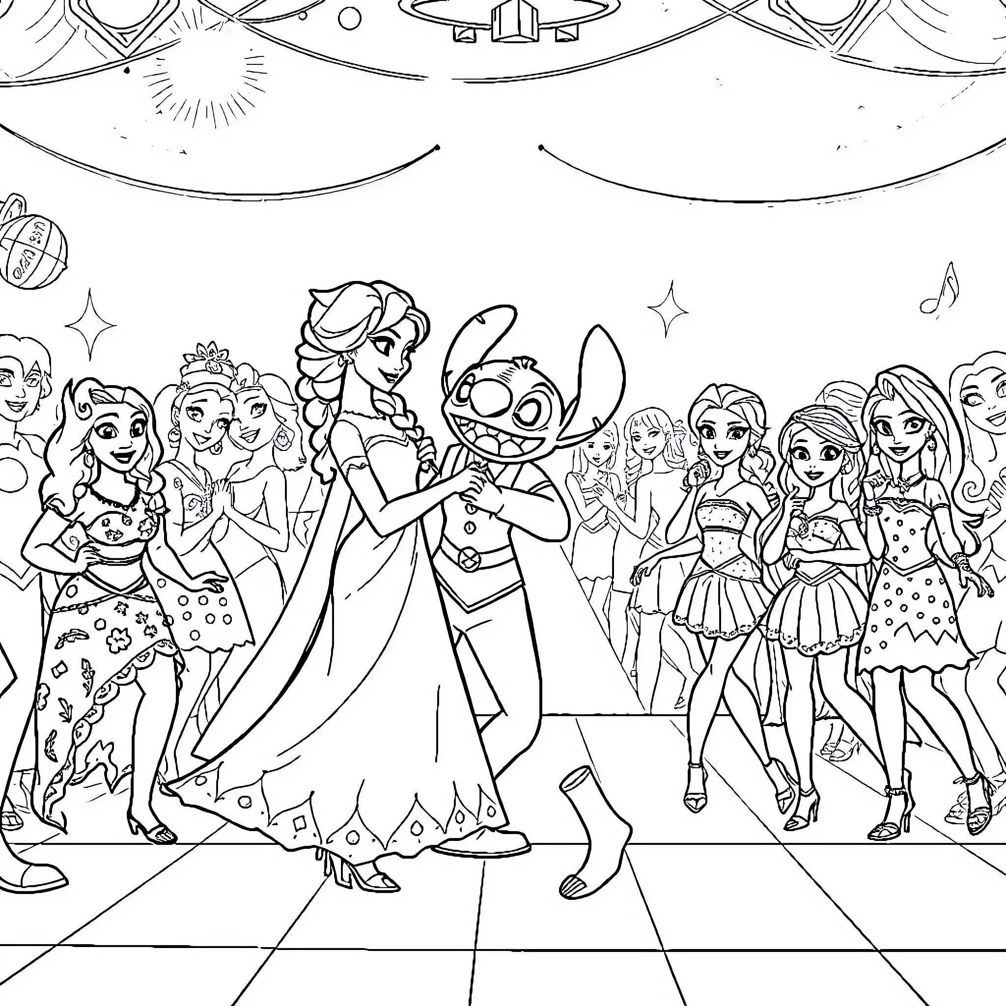 Elsa and friends dancing at a party Coloring Page (free black-and-white line drawing printable PDF for all, from beginners to advanced learners, including children, teens, adults, and seniors)