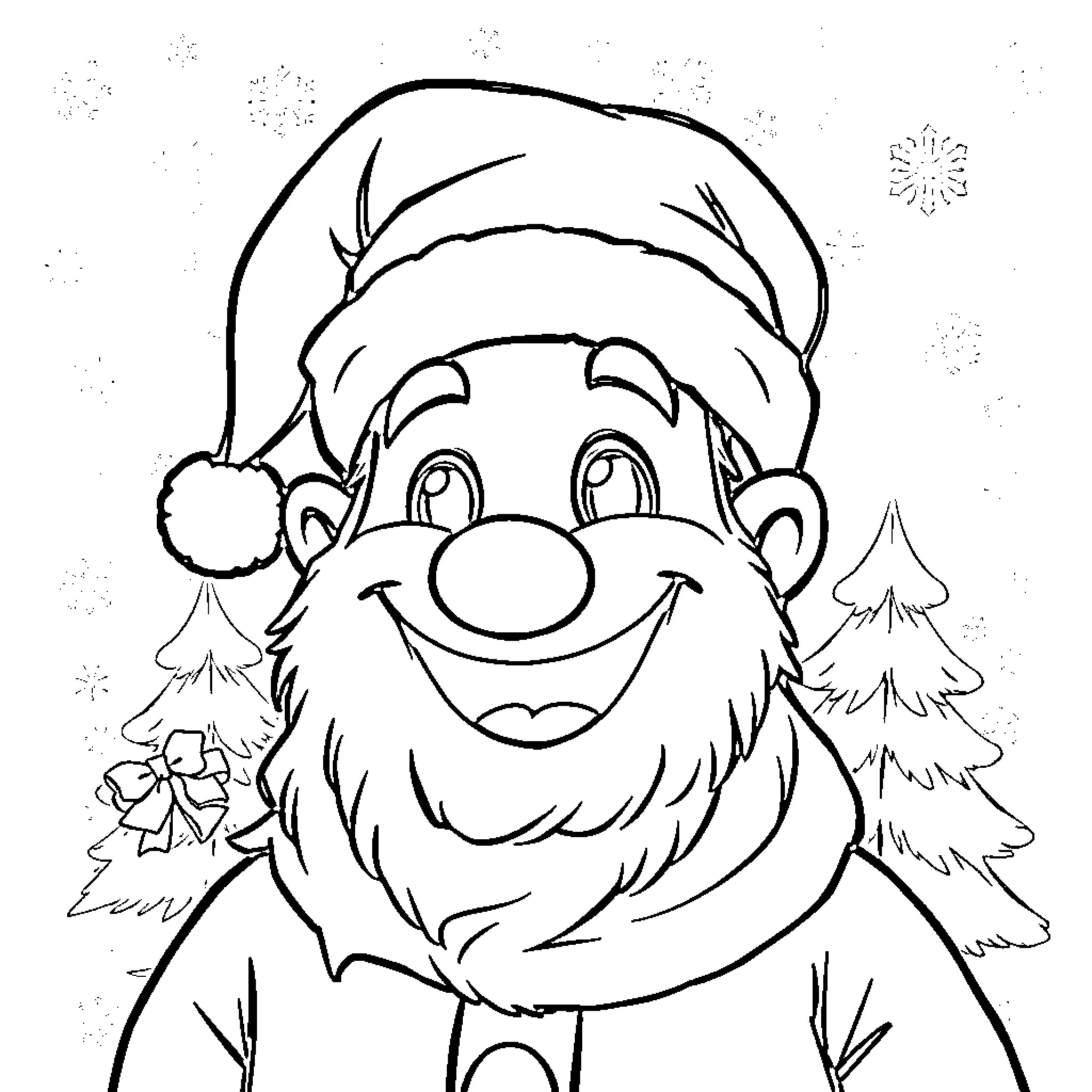 Mascot in Santa Costume with Winter Scene Coloring Page (free black-and-white line drawing printable PDF for all, from beginners to advanced learners, including children, teens, adults, and seniors)