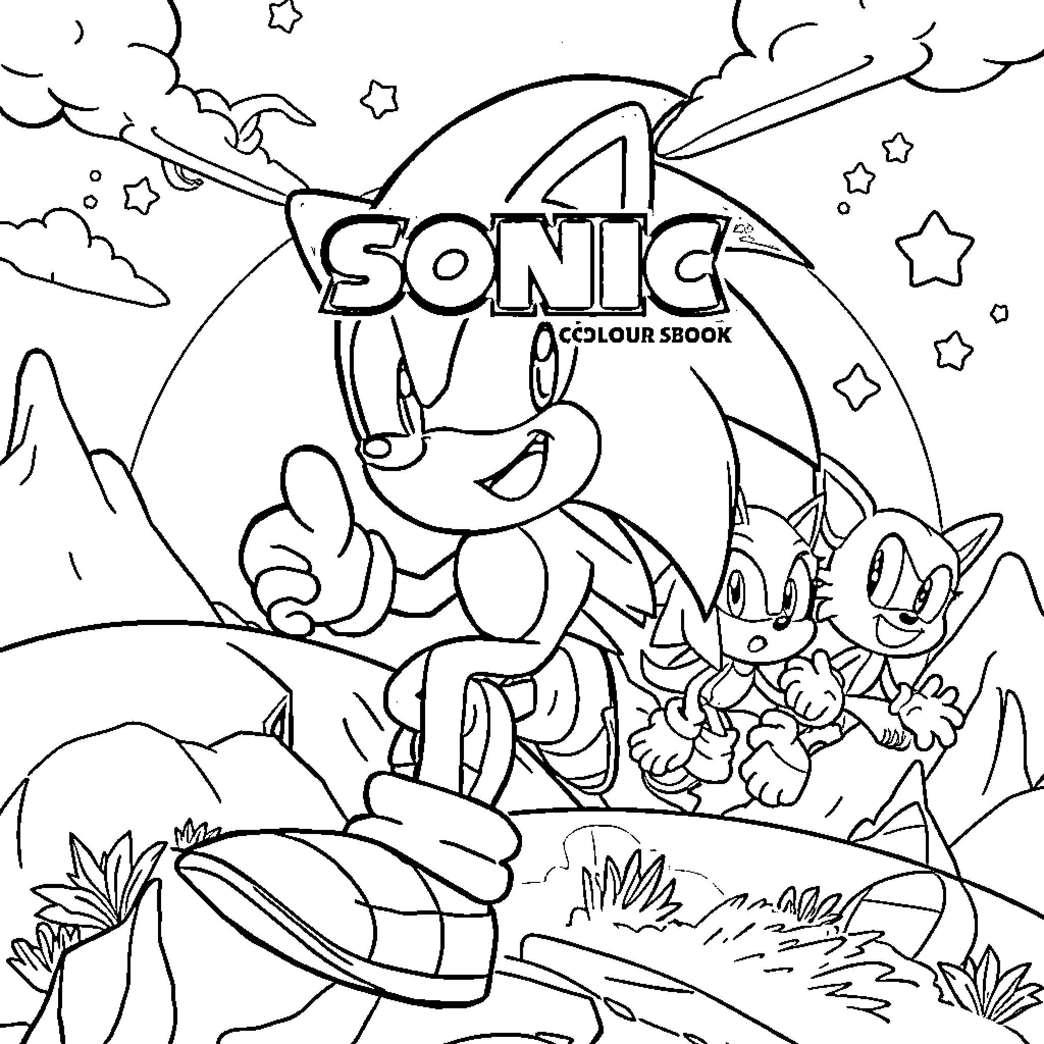 Sonic and friends on an adventure in the wild Coloring Page (free black-and-white line drawing printable PDF for all, from beginners to advanced learners, including children, teens, adults, and seniors)