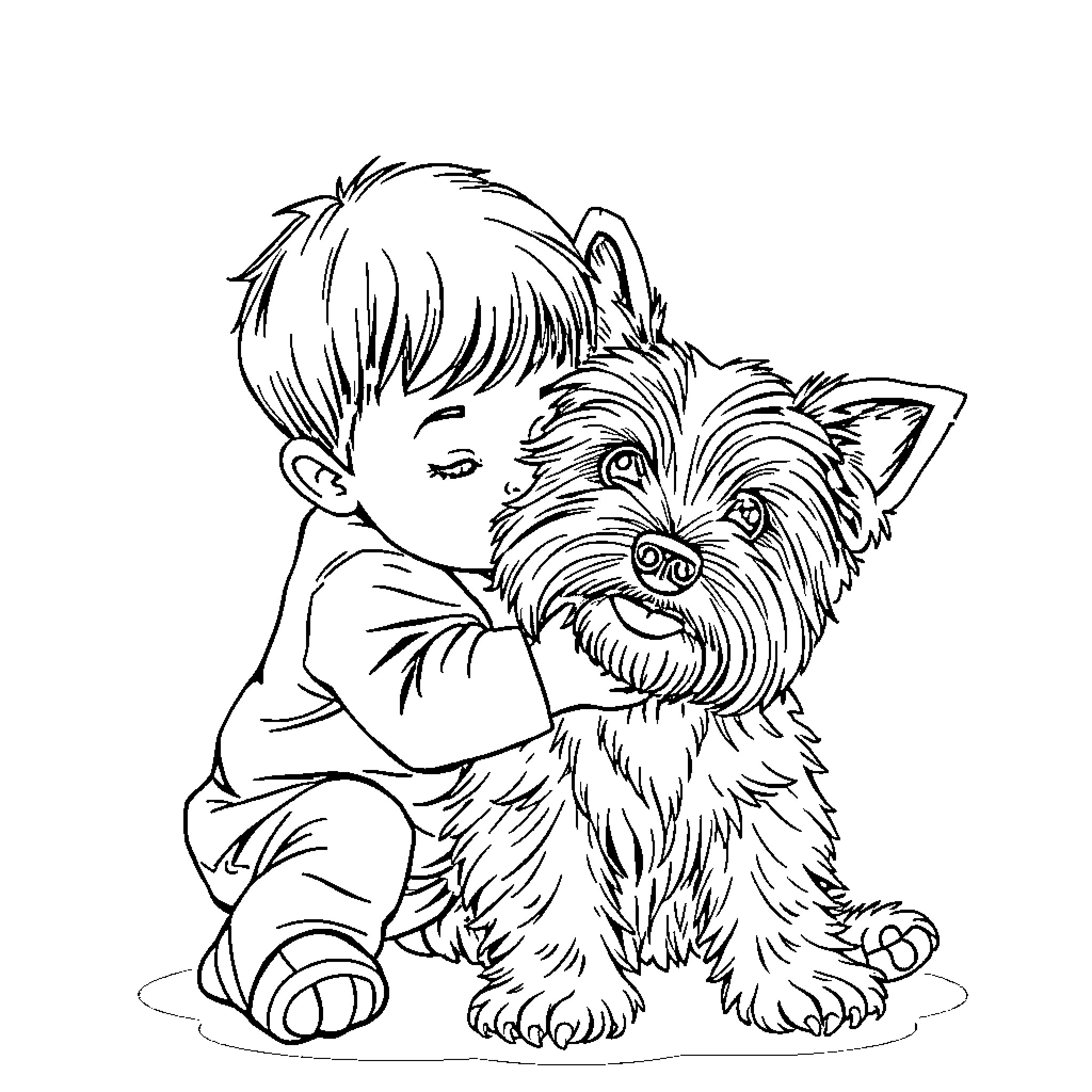 Child cuddling with a friendly dog Coloring Page (free black-and-white line drawing printable PDF for all, from beginners to advanced learners, including children, teens, adults, and seniors)