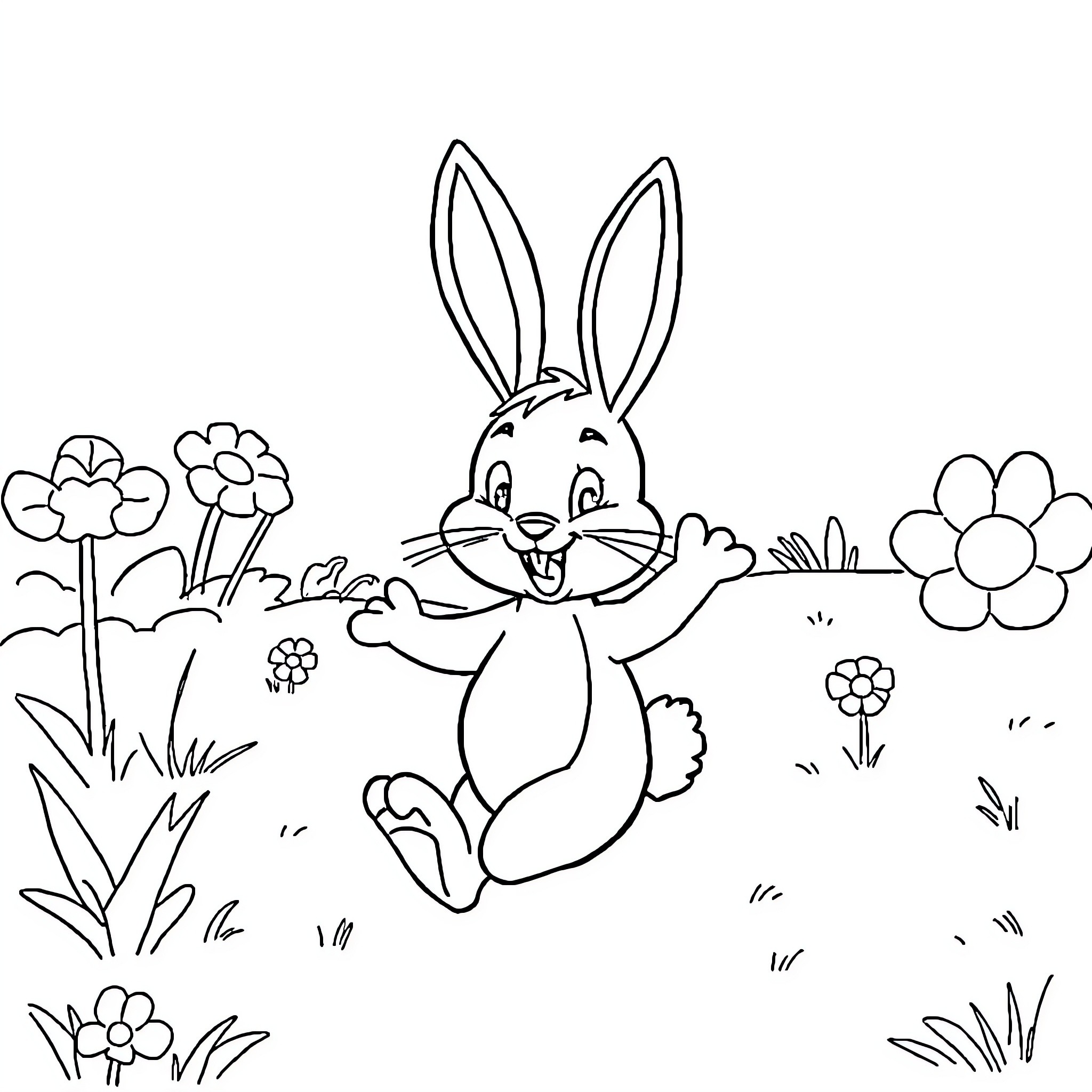 Bing Joyful Rabbit Hopping in Floral Meadow Coloring Page (free black-and-white line drawing printable PDF for all, from beginners to advanced learners, including children, teens, adults, and seniors)