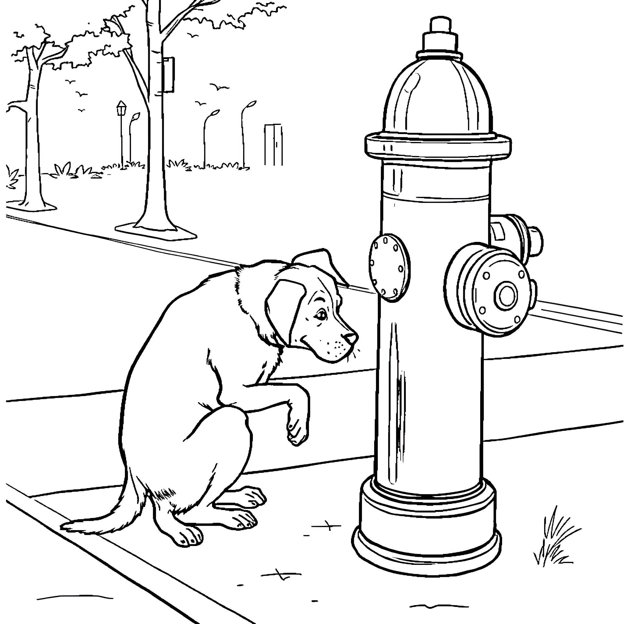 Dog sitting by a fire hydrant in the city Coloring Page (free black-and-white line drawing printable PDF for all, from beginners to advanced learners, including children, teens, adults, and seniors)