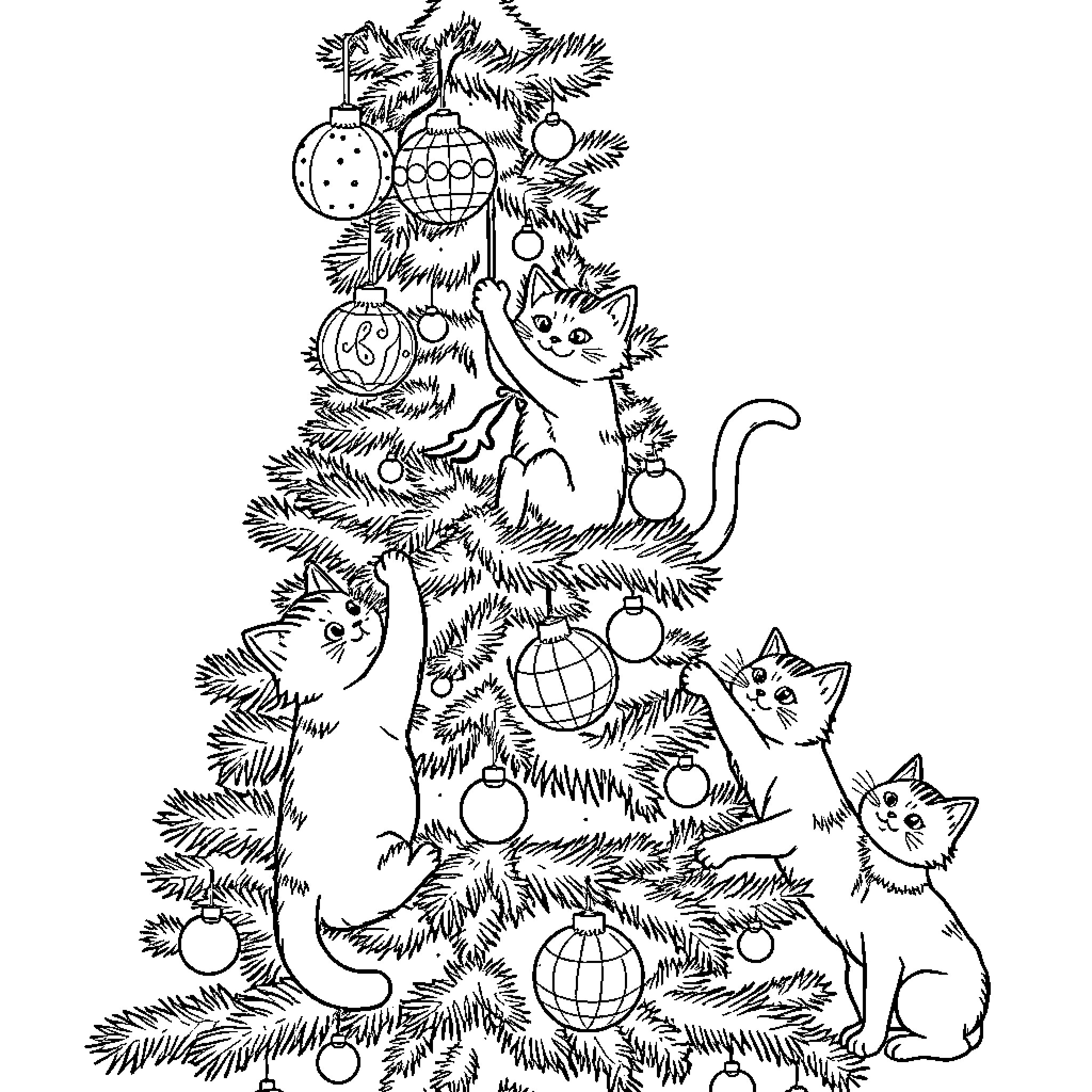 Cats playing in Christmas tree Coloring Page (free black-and-white line drawing printable PDF for all, from beginners to advanced learners, including children, teens, adults, and seniors)