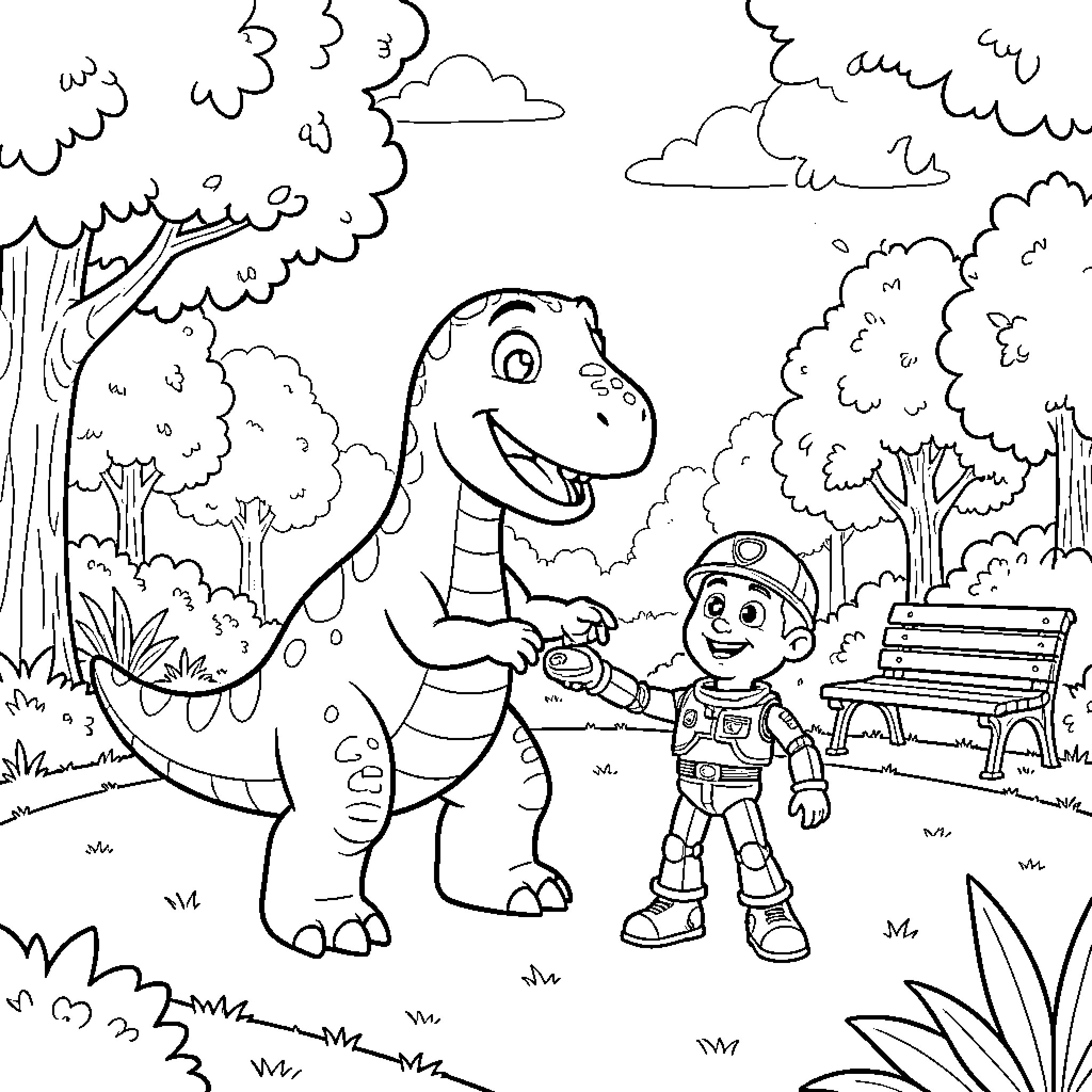 Dinosaur playing with a young explorer in the park Coloring Page (free black-and-white line drawing printable PDF for all, from beginners to advanced learners, including children, teens, adults, and seniors)