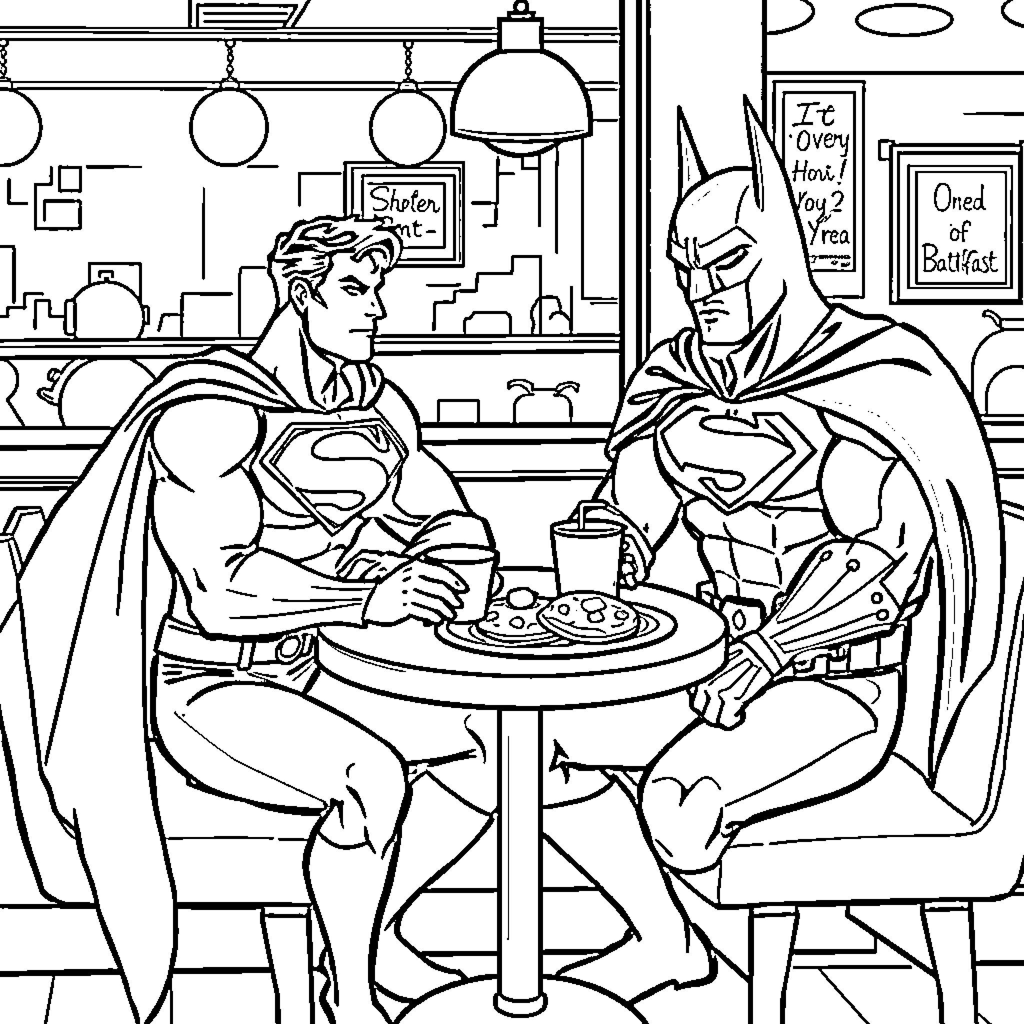 Superman and Batman share a meal in a diner Coloring Page (free black-and-white line drawing printable PDF for all, from beginners to advanced learners, including children, teens, adults, and seniors)