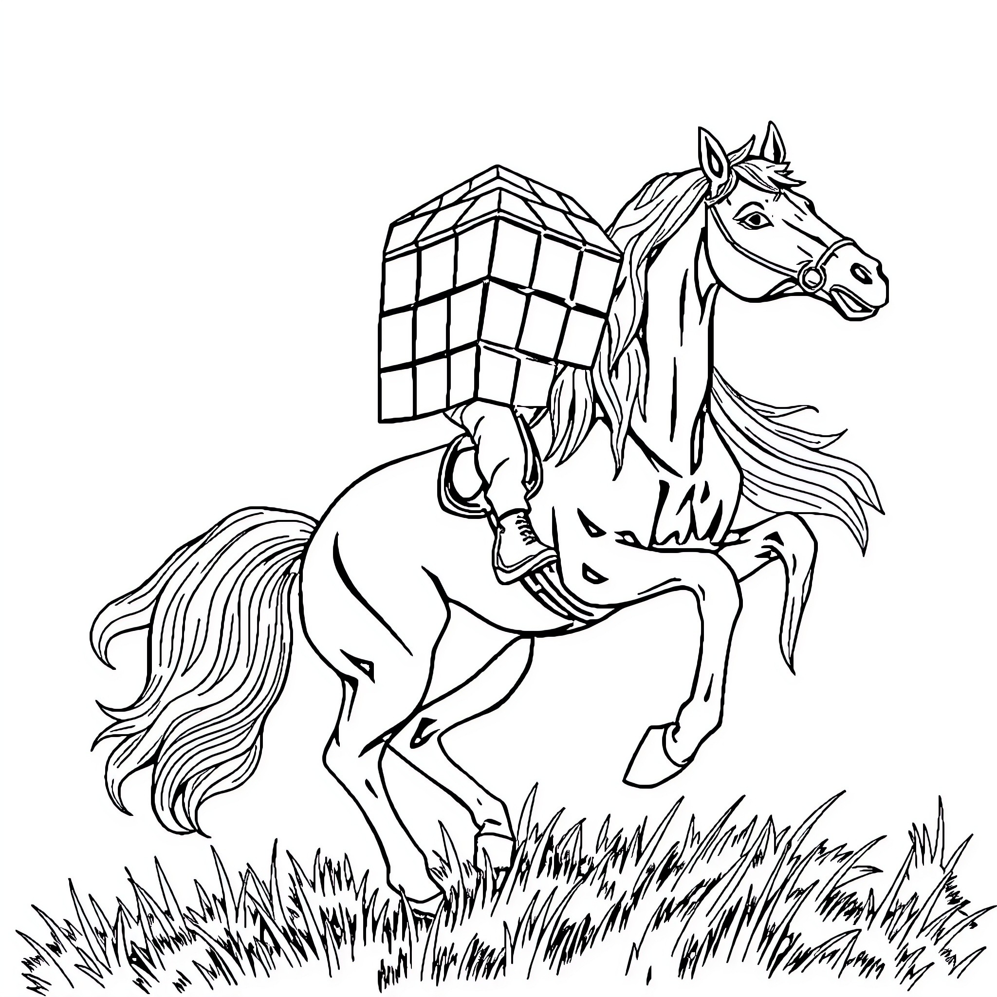 Rubik's Cube Riding Majestic Horse in Field Coloring Page (free black-and-white line drawing printable PDF for all, from beginners to advanced learners, including children, teens, adults, and seniors)