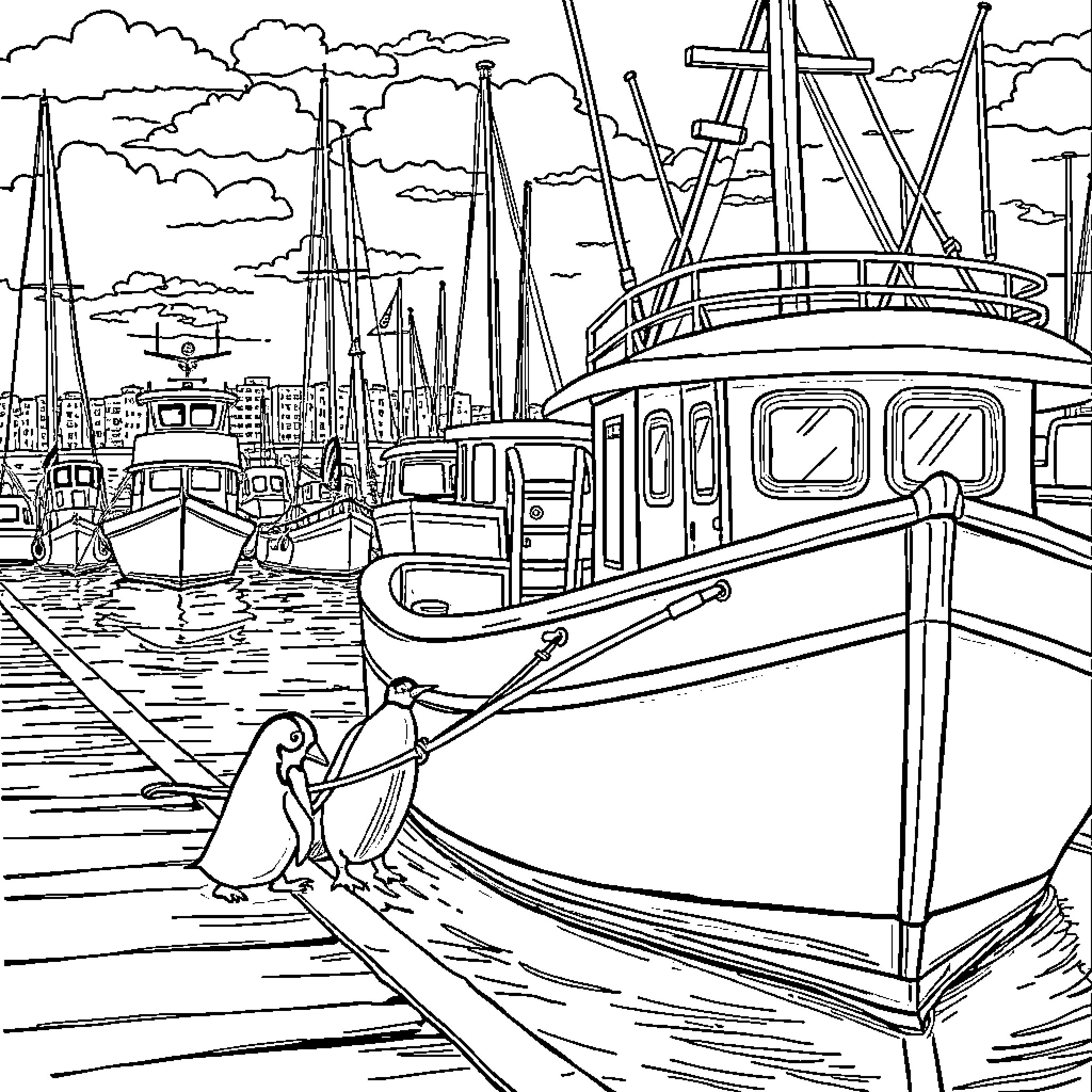 Penguin fishing near docked ships in harbor Coloring Page (free black-and-white line drawing printable PDF for all, from beginners to advanced learners, including children, teens, adults, and seniors)