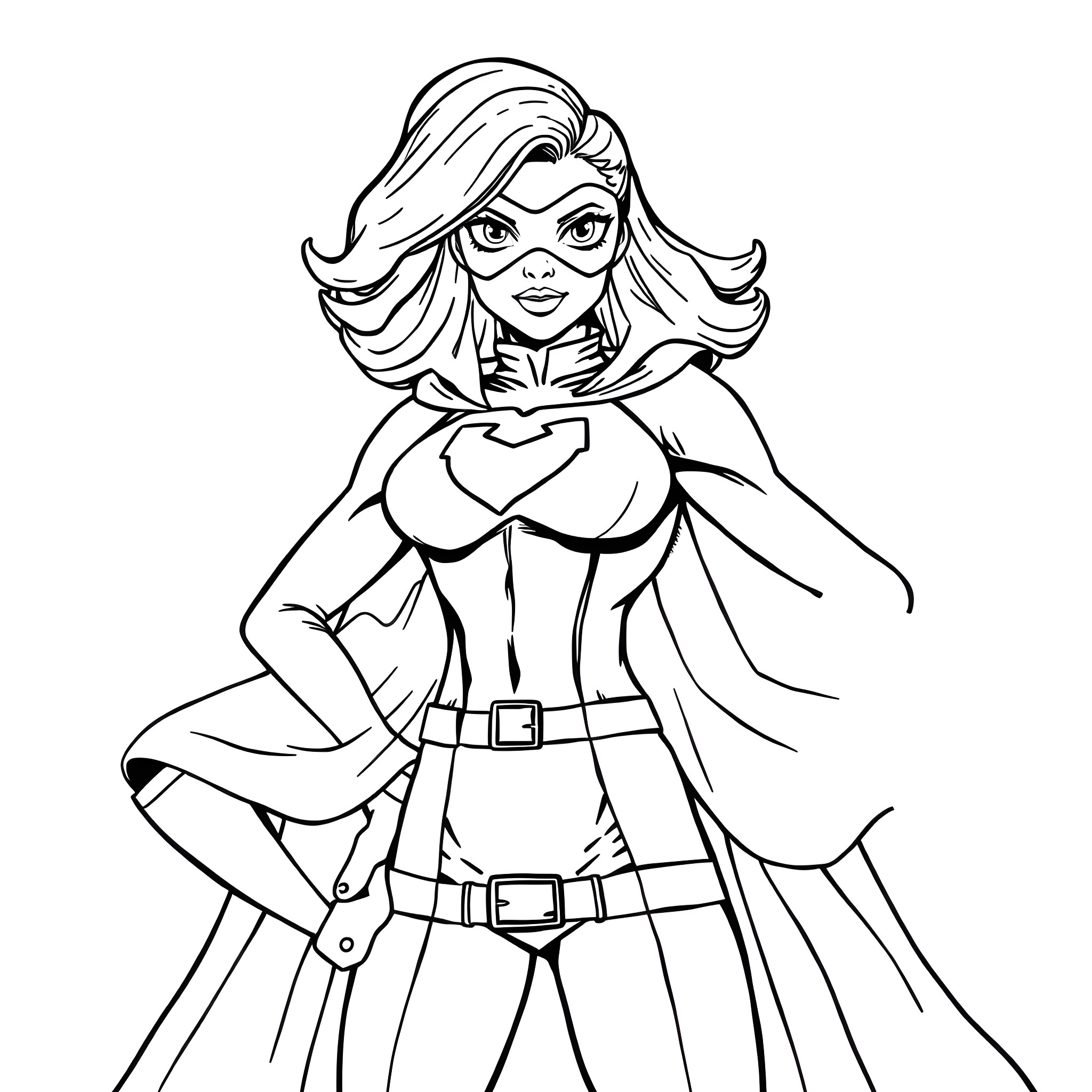 Superhero Girl in Heroic Pose Coloring Page (free black-and-white line drawing printable PDF for all, from beginners to advanced learners, including children, teens, adults, and seniors)