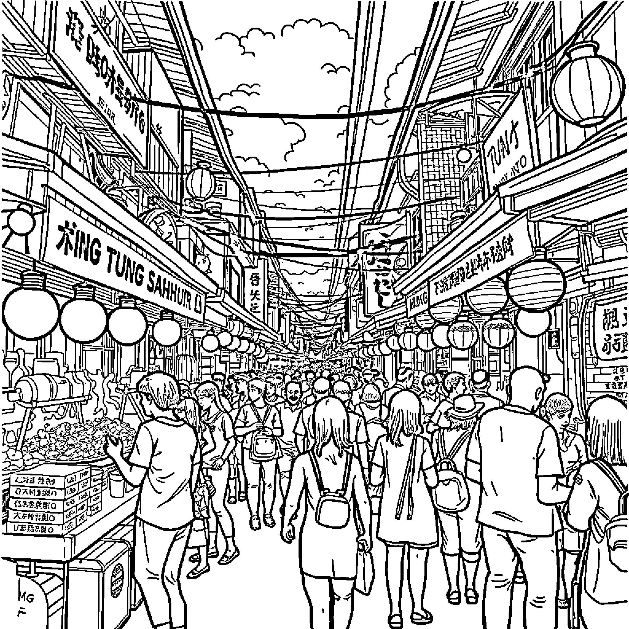 Tung Bustling Street in Asian City Coloring Page (free black-and-white line drawing printable PDF for all, from beginners to advanced learners, including children, teens, adults, and seniors)