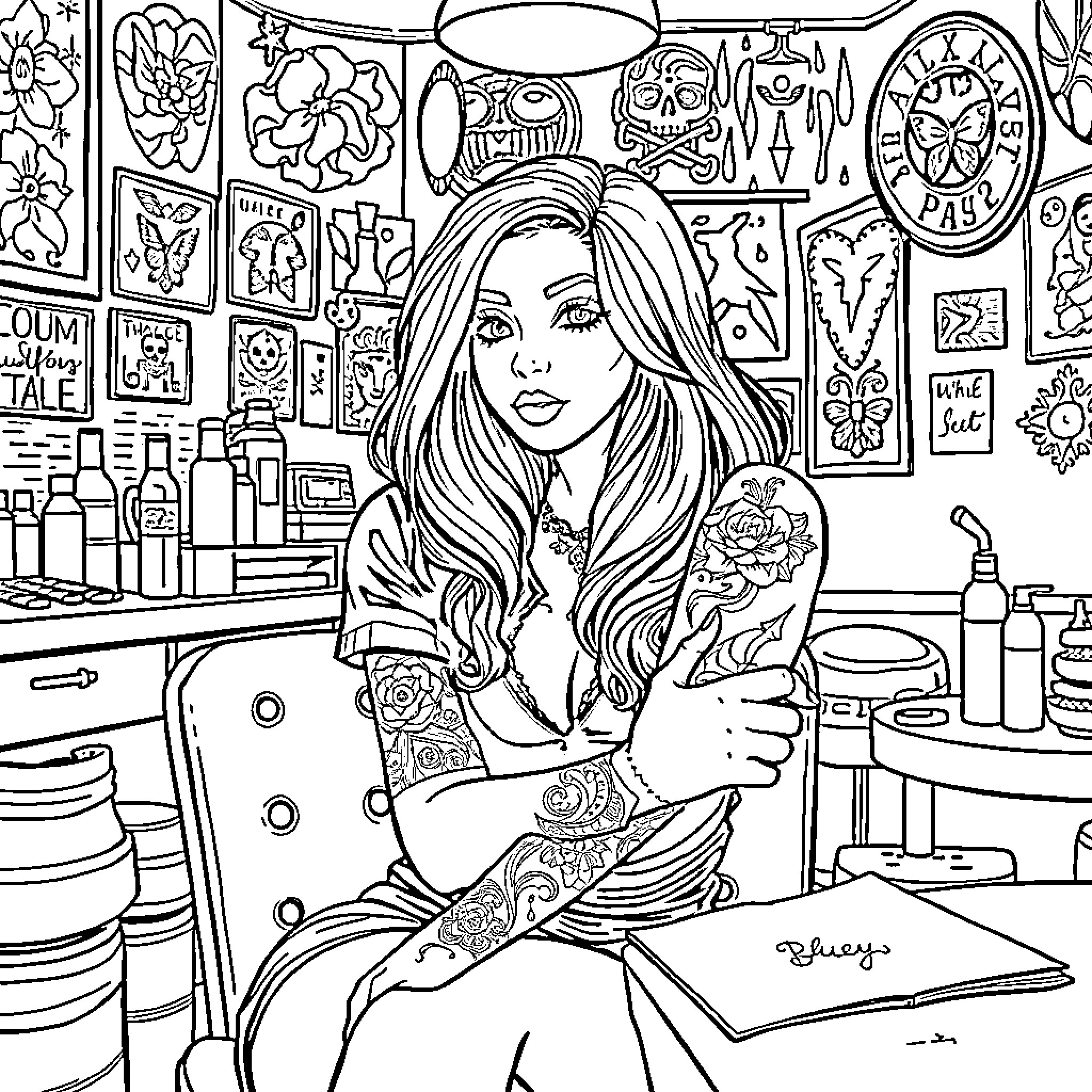 Bluey's Artistic Tattoo Studio Coloring Page (free black-and-white line drawing printable PDF for all, from beginners to advanced learners, including children, teens, adults, and seniors)