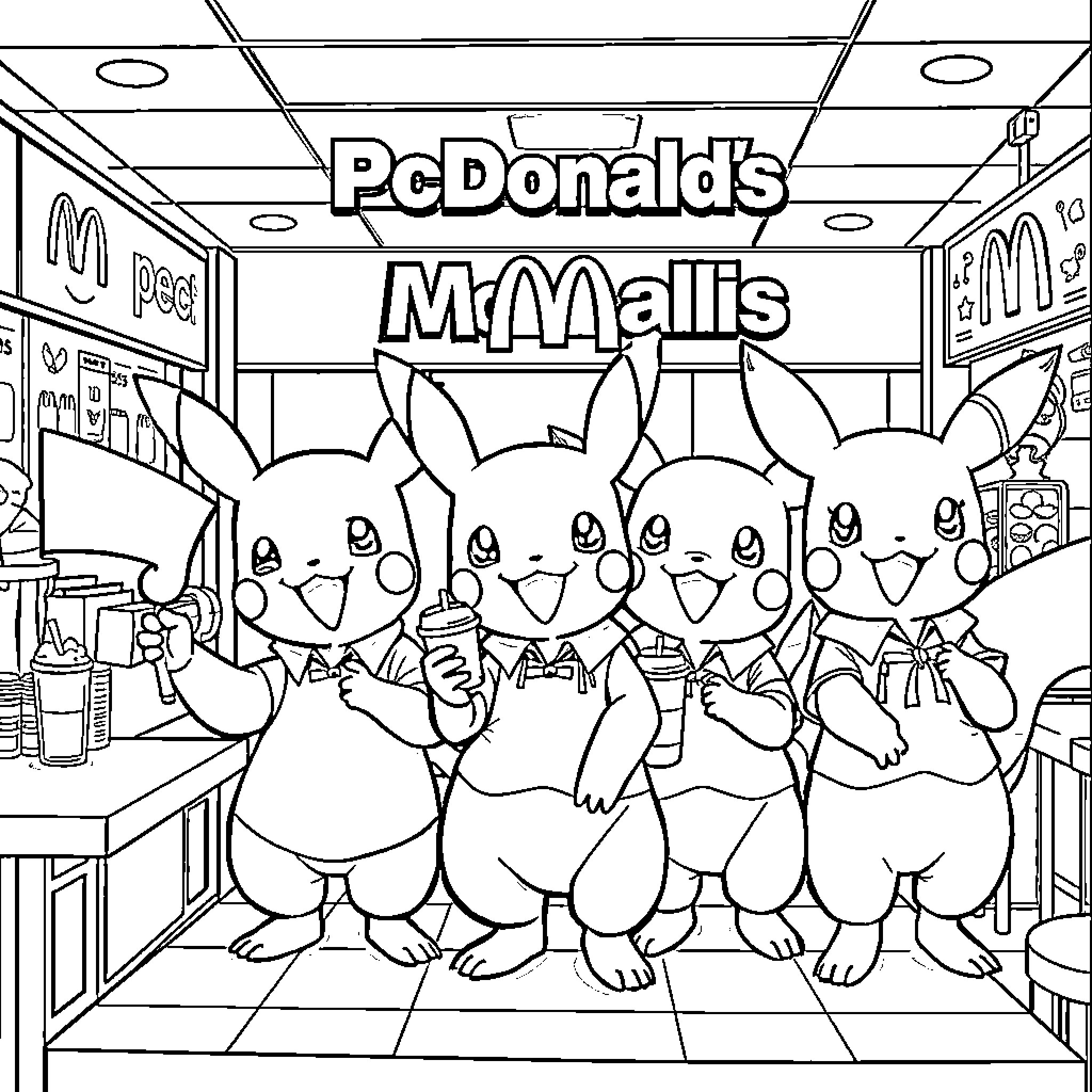 Pokémon characters in a fast food restaurant setting Coloring Page (free black-and-white line drawing printable PDF for all, from beginners to advanced learners, including children, teens, adults, and seniors)