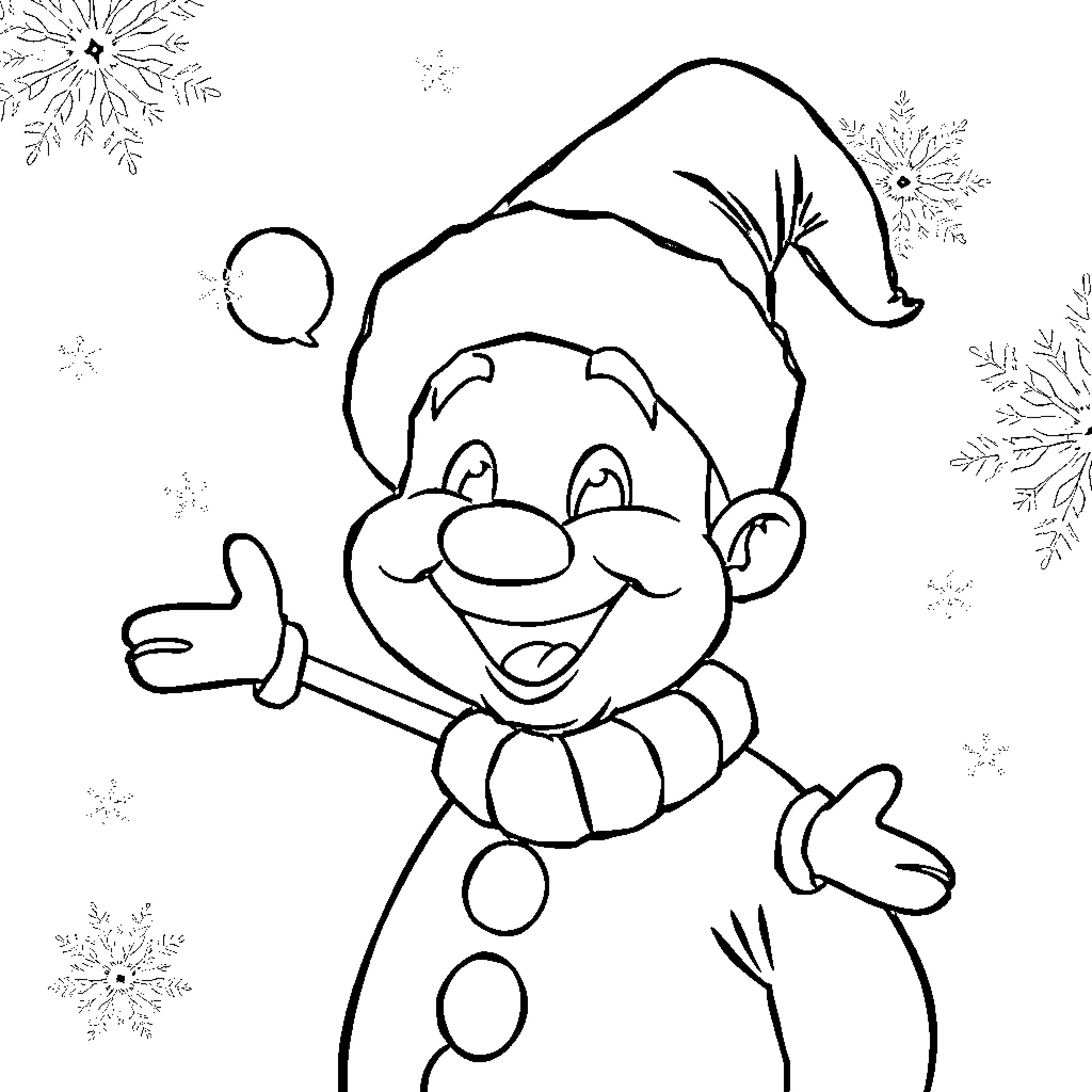 Labubu the Smiling Snowman Surrounded by Snowflakes Coloring Page (free black-and-white line drawing printable PDF for all, from beginners to advanced learners, including children, teens, adults, and seniors)