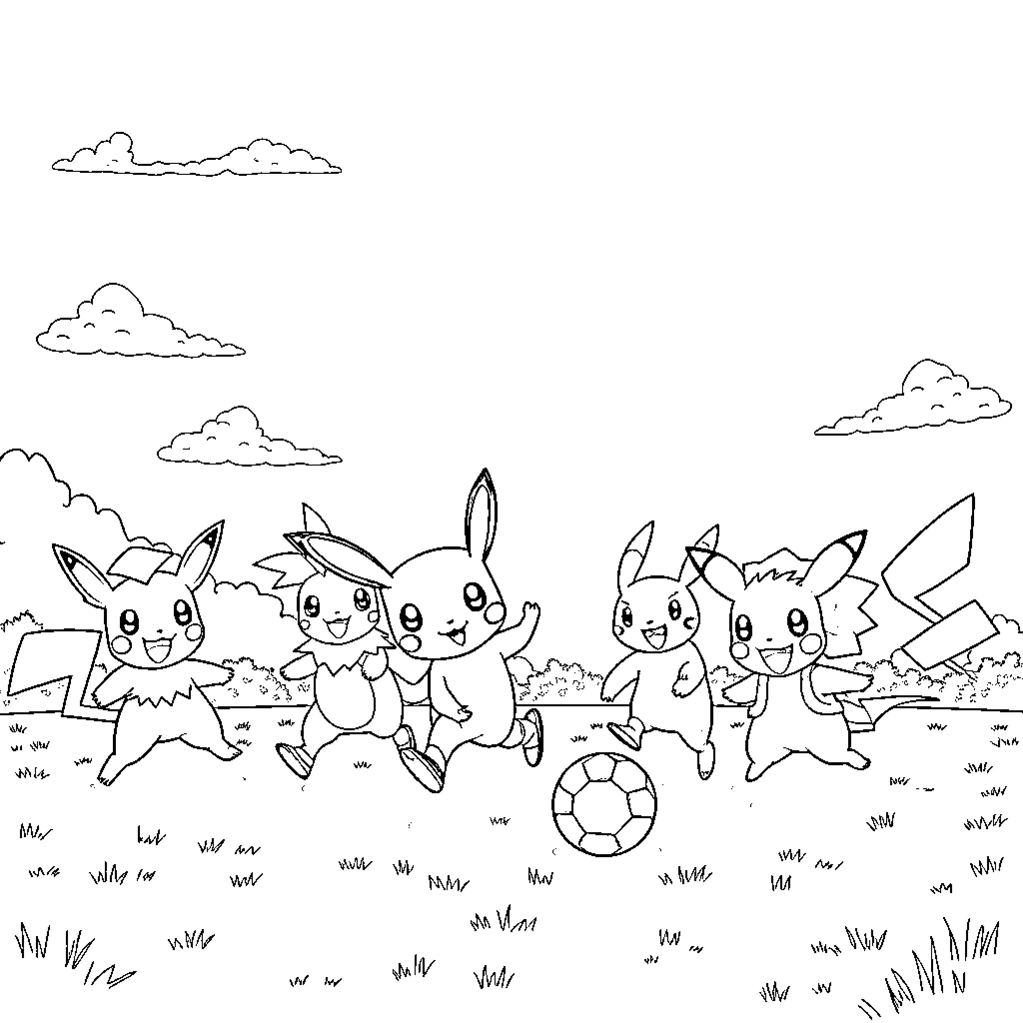 Pokémon characters playing together in the field Coloring Page (free black-and-white line drawing printable PDF for all, from beginners to advanced learners, including children, teens, adults, and seniors)