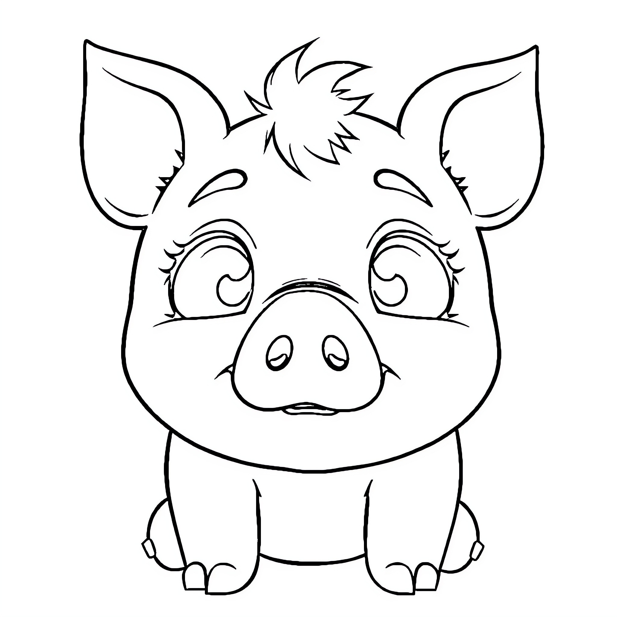 Pig with cute expression and pointed ears Coloring Page (free black-and-white line drawing printable PDF for all, from beginners to advanced learners, including children, teens, adults, and seniors)